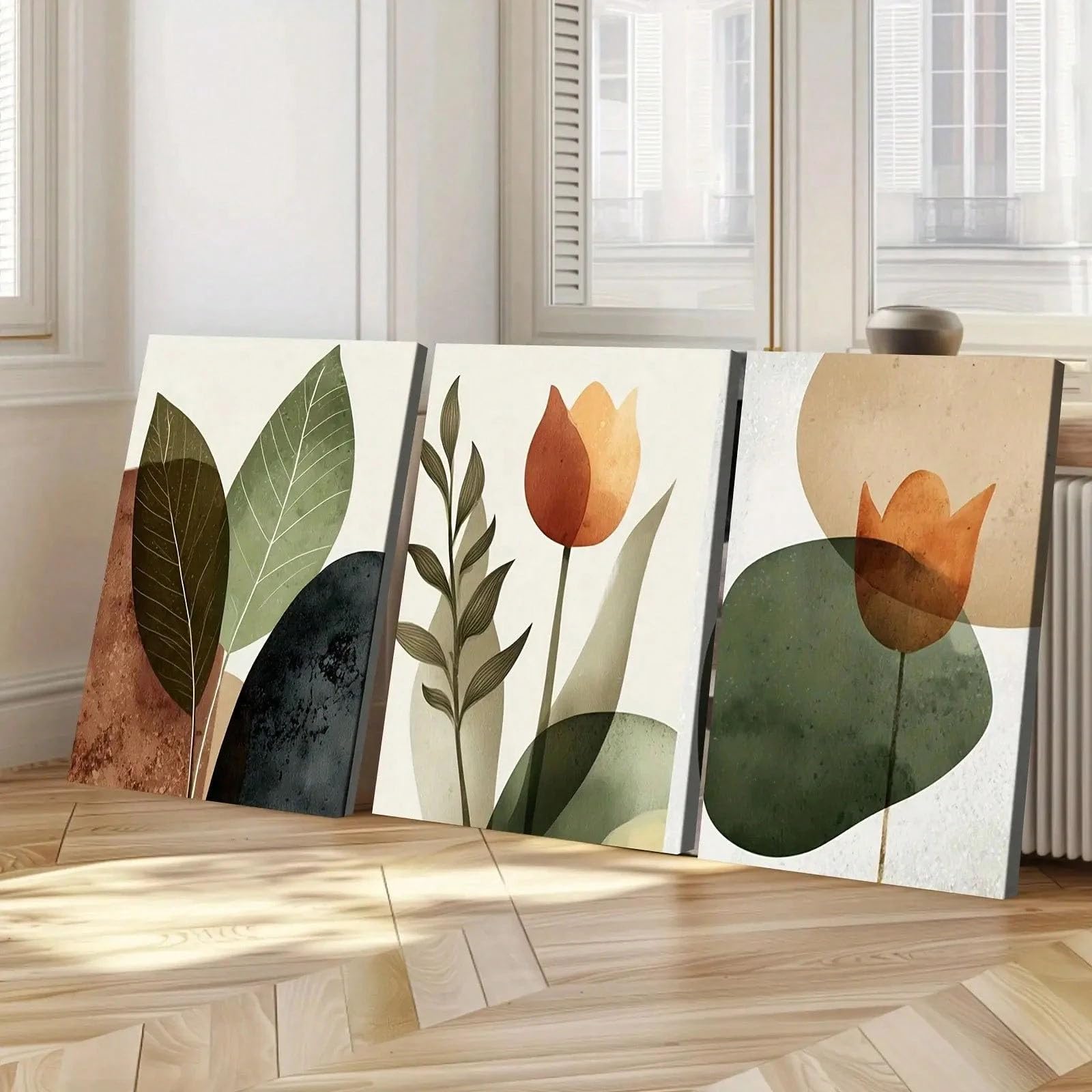 ZPDHBXMV 3-częściowy zestaw 3 szt., minimalistyczne, nowoczesne, abstrakcyjne liście i kwiaty, neutralne odcienie, botaniczne i geometryczne odcienie (30 x 40 cm x 3 / bez ramki)