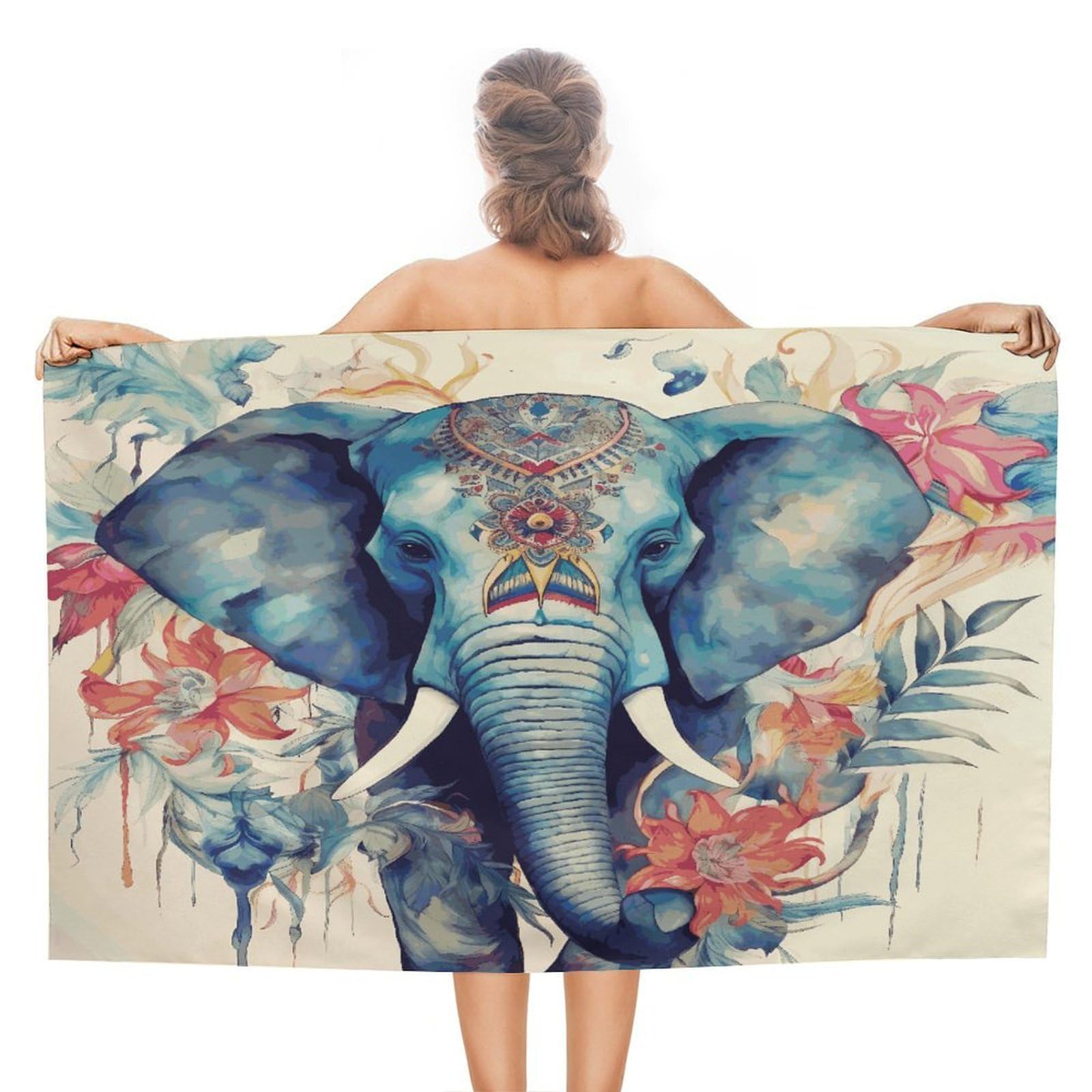 FekiLoot Peacock Feathers Elephant Beach Towel Absorbent & Quick Dry Pool Towels 31 X 51 Inches Extra Large Sandfree Beach Blanket Towels Soft Lightweight Travel Towel for Swim Yoga Camping