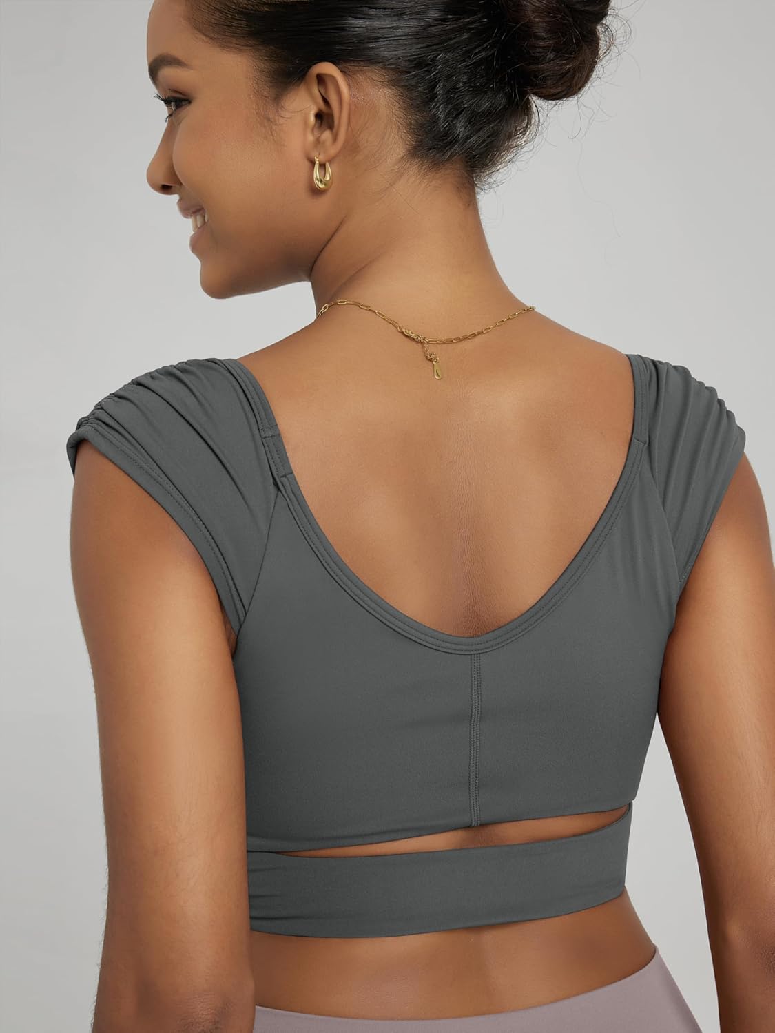 ODODOS Ruched Front Crop Tank for Women V-Neck Cut Out Back Cap Sleeve Cropped Tops - Image 4