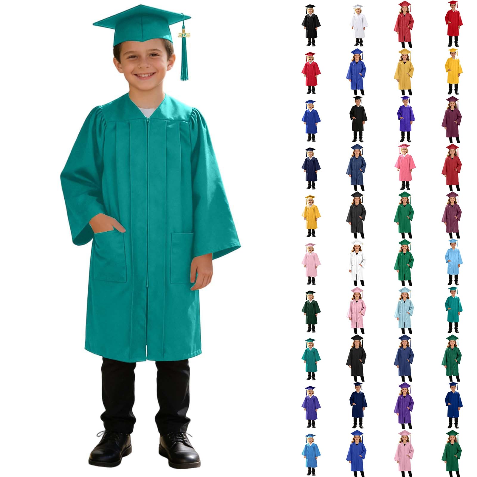 3 Piece Graduation Set for Kids, Gown, Cap, Gold 2026 Tassel, Unisex Boys Girls Preschool Kindergarten Primary School Graduation Gown and Cap Dress Up Props Costume, 37-Green