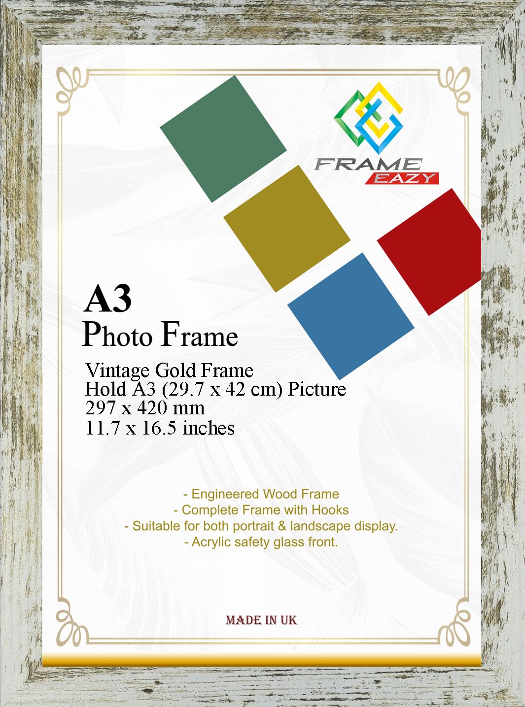 FRAME EAZY Modern Vintage Gold A3 Photo Frame In Size 29.7 x 42cm Picture Frames - A3 Picture Frame - Poster Frame - Vintage Gold Frame with Clear Safe Perspex Front & Wall Mounted Hooks