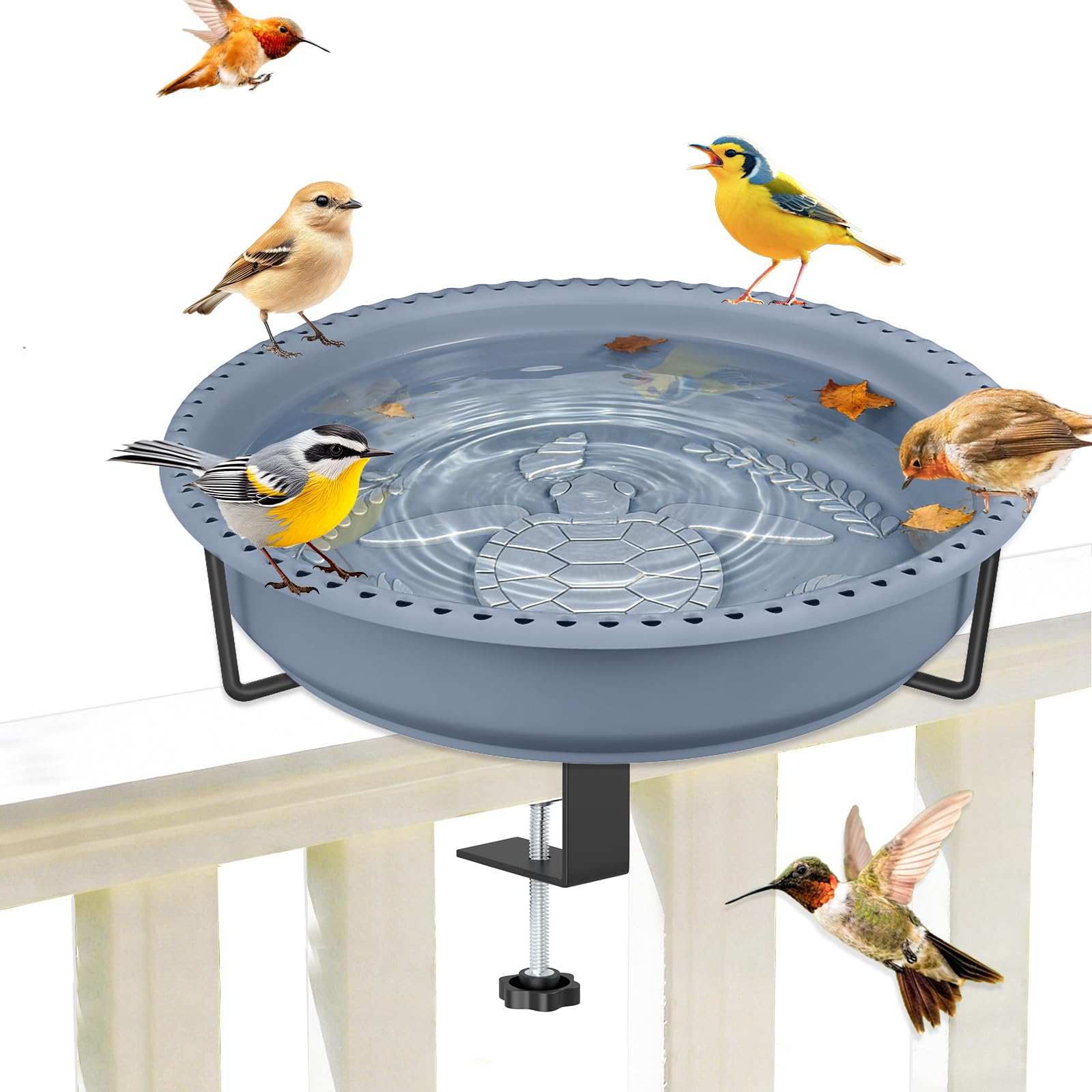 YOADEHOA Bird Baths for Outdoors, Rustproof Metal Clamp Birdbaths & Birdfeeder with Detachable Plastic Basin, Outdoor Bird Feeding & Watering Station for Wild Birds Garden Patio Balcony (Grey)