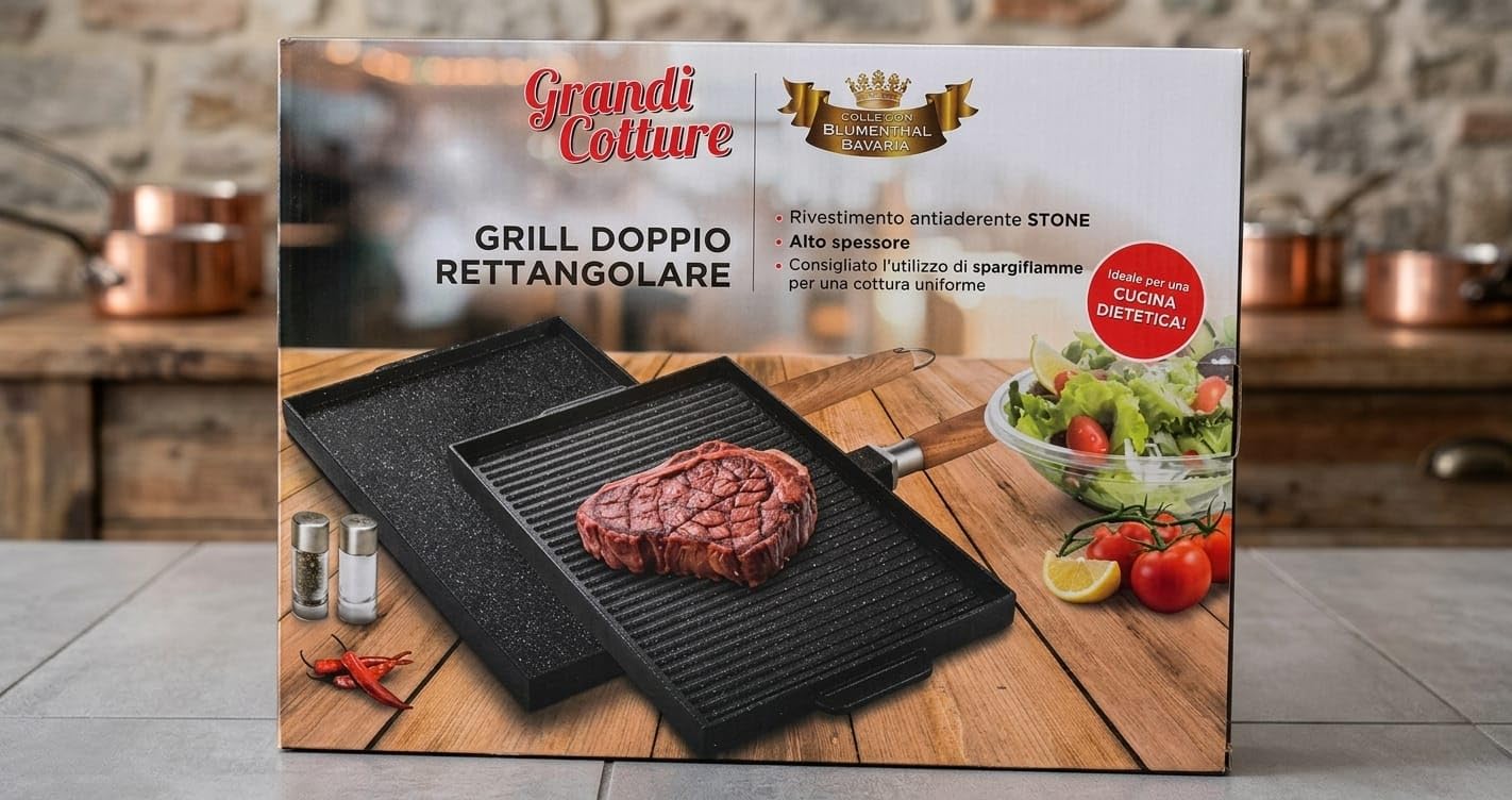Bistecchiera Rettangolare Double-Face 37x26 cm, Grill 2 in 1 con Lato Liscio e Grigliato, Alluminio Pressofuso Antiaderente Stone, Manico in Legno Removibile, Cottura Sana Senza Grassi