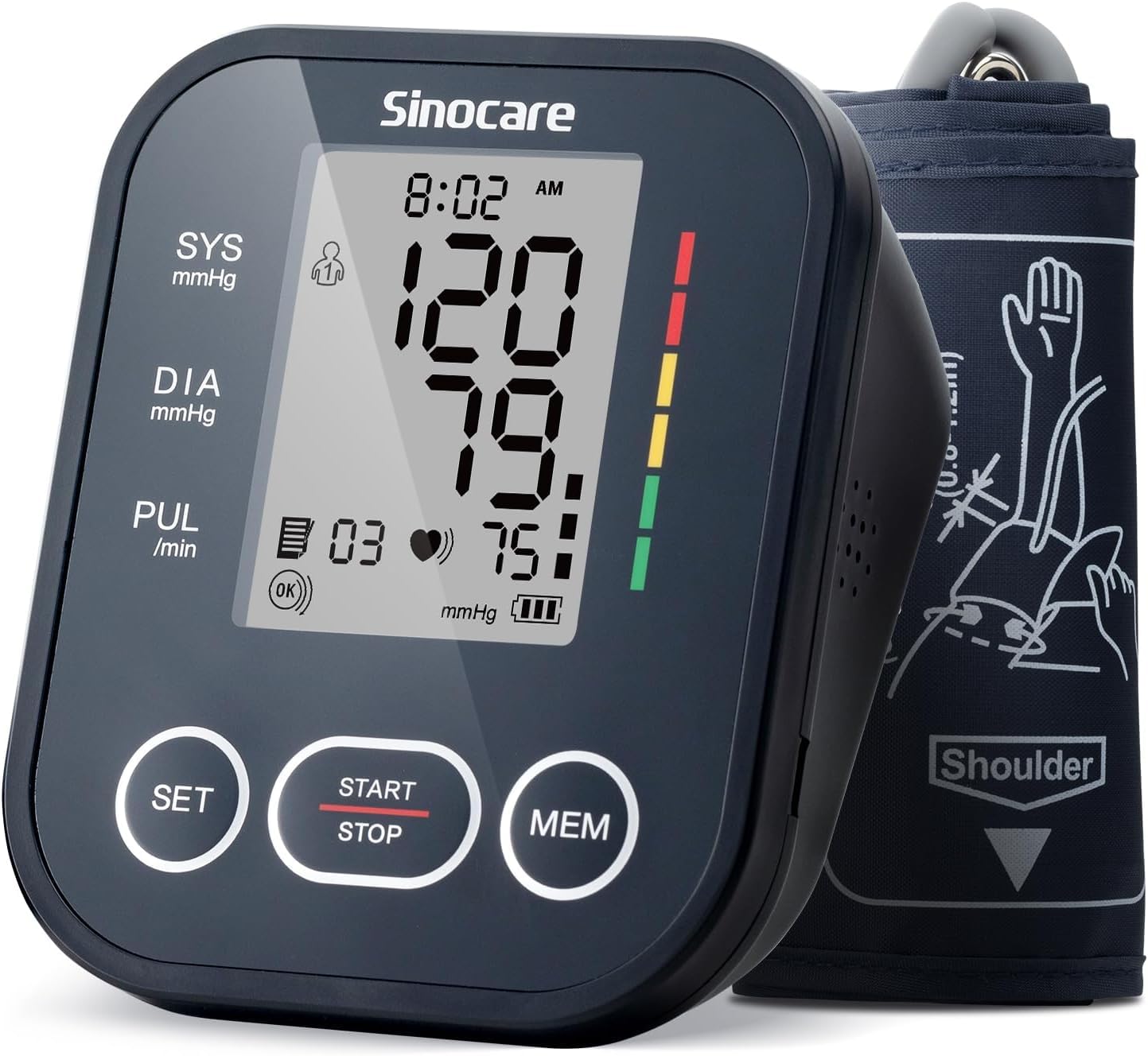 Sinocare Blutdruckmessgerät Oberarm - Klinisch Validiert, 2x99 Speicher für 2 Nutzer, Ein-Knopf-Bedienung, XL-Manschette (22-42 cm), Arrhythmia Detection