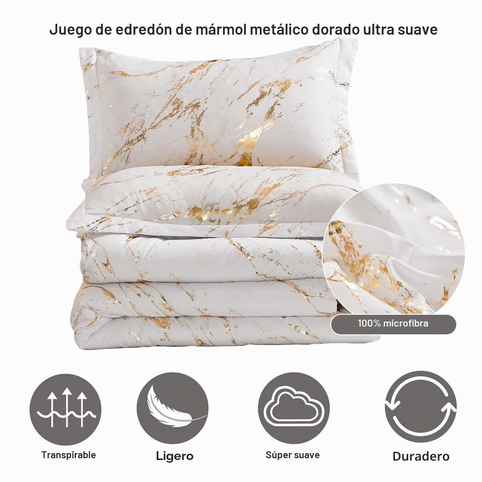 Juego de edredón de Navidad con Estampado de mármol metálico Blanco y Dorado, Juego de Ropa de Cama con Purpurina y 2 Fundas de Almohada para Todas Las Estaciones, Juego de edredón de Microfibra