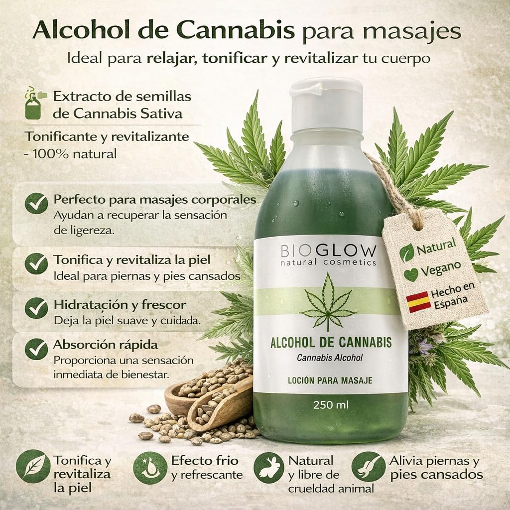 Alcohol de Cannabis Natural 250 ml – Tónico Corporal para Masaje Relajante y Calmante Muscular, Estimula la Circulación, Efecto Refrescante, Ideal para Piernas y Pies Cansados, Uso Diario