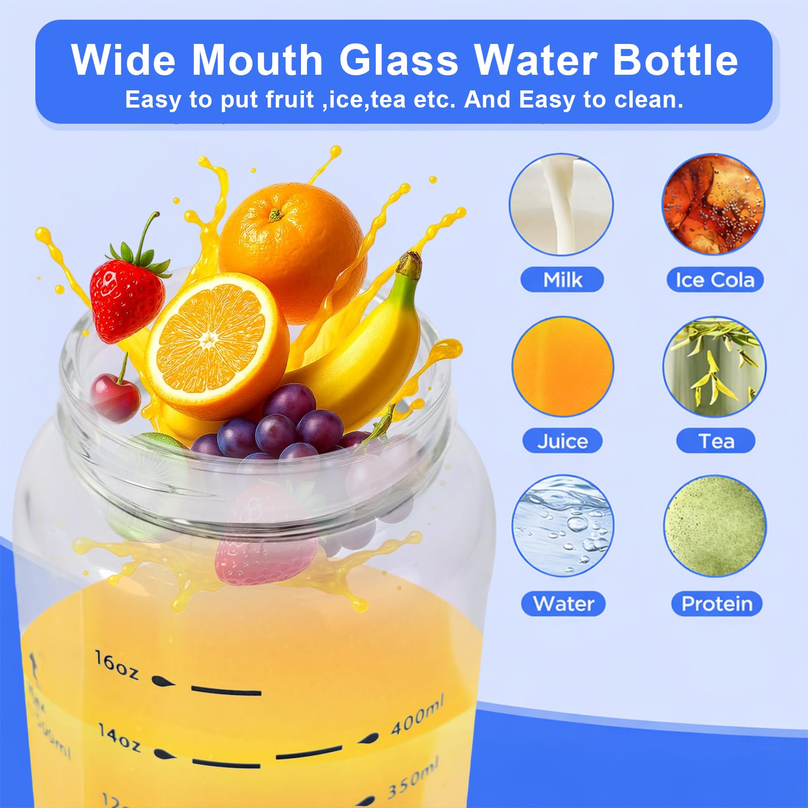 Protein Shaker Verre 500ml Avec Couvercle Et Poignée, Large Ouverture Nutrition Sportive Shaker Doté De Graduation, Pour Mélange Protéiné, Smoothies, Thé Glacé, L