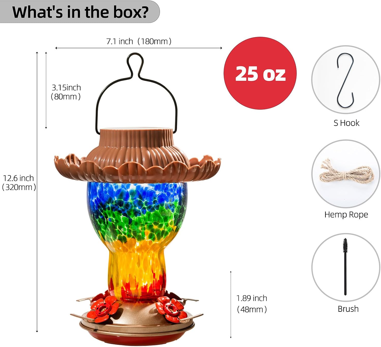 Solar Hummingbird Feeder for Outdoors Hanging Ant and Bee Proof, 25oz Color Changing Light Hand Blown Glass, Leakproof Garden Decor, Gitfs for Bird Lover (Rainbow)