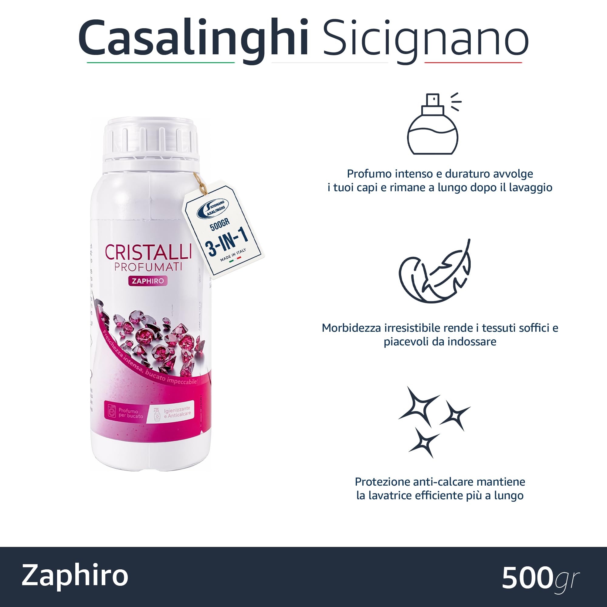 Sicignano Duftkristalle 500 g Zaphiro – Kristalle Made in Italy für Wäsche, 3-in-1: Duft, Weichspüler und Entkalker; Salze für Waschmaschine, erfrischende Wirkung und langanhaltender Duft für Kleidung