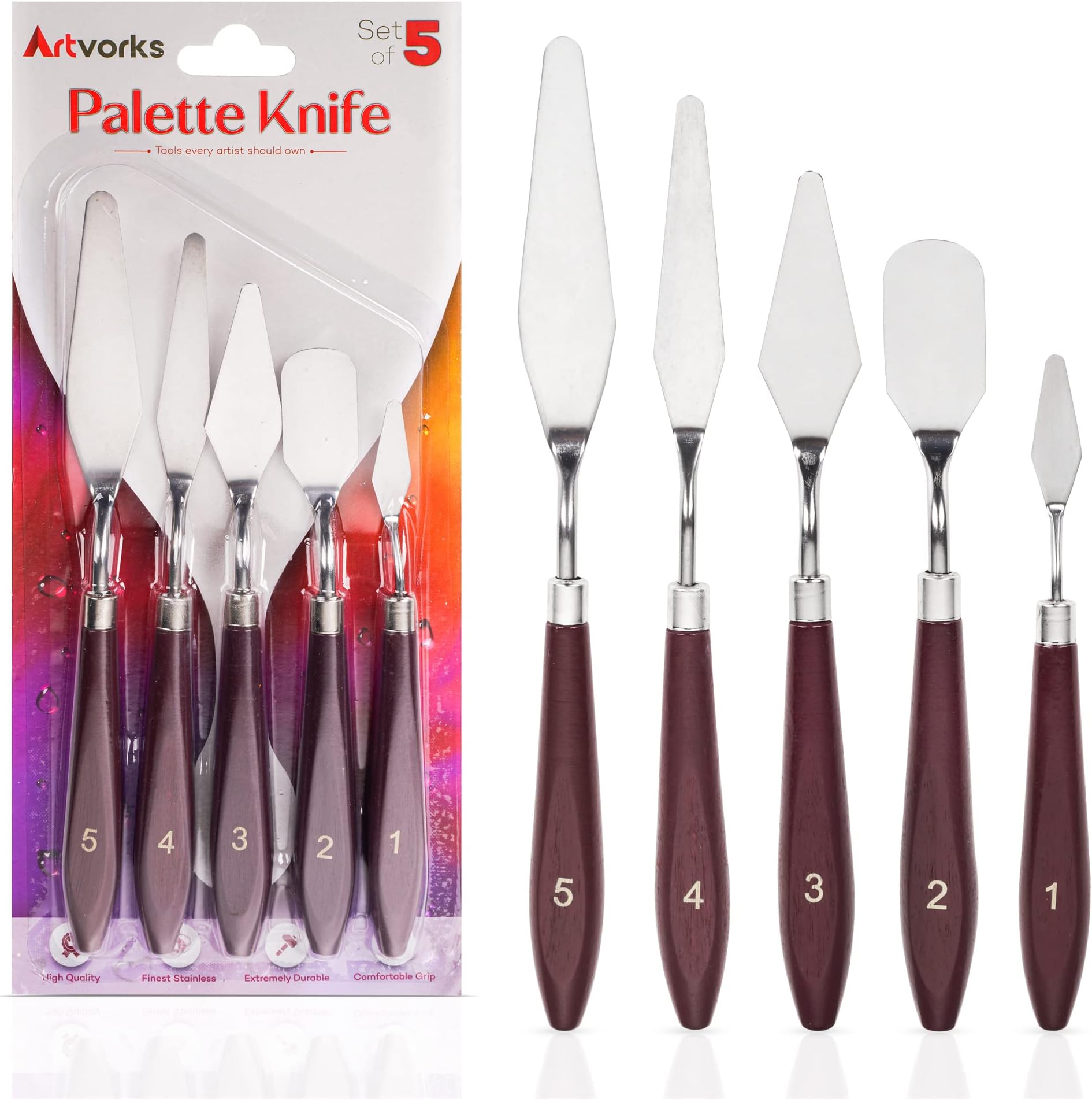 Palette Knife – 5 Pcs Stainless Steel Pallet Knife with Smooth Edges & Wooden Handle for Sturdy Grip – Mixing Scraper for Acrylic & Oil Painting, Watercolor – Perfect for Artists & Beginners