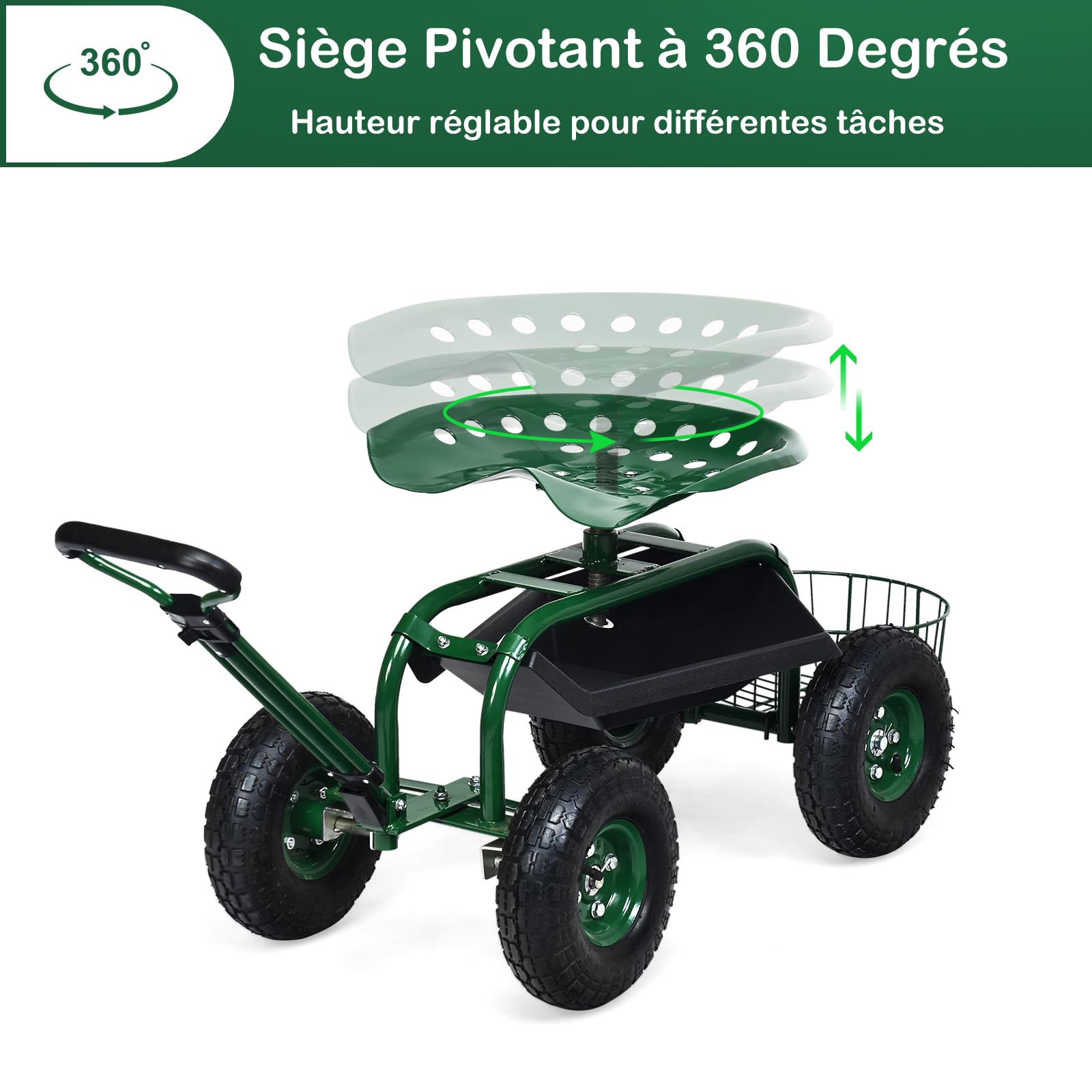 GOPLUS Siège de Jardin Roulant avec 2 Plateau à Outils, Poignée Ronde Extensible, Panier de Rangement, Siège Hauteur Réglable 45,5-54,5cm avec 4 Roues en Caoutchouc, Vert (avec Poignée)