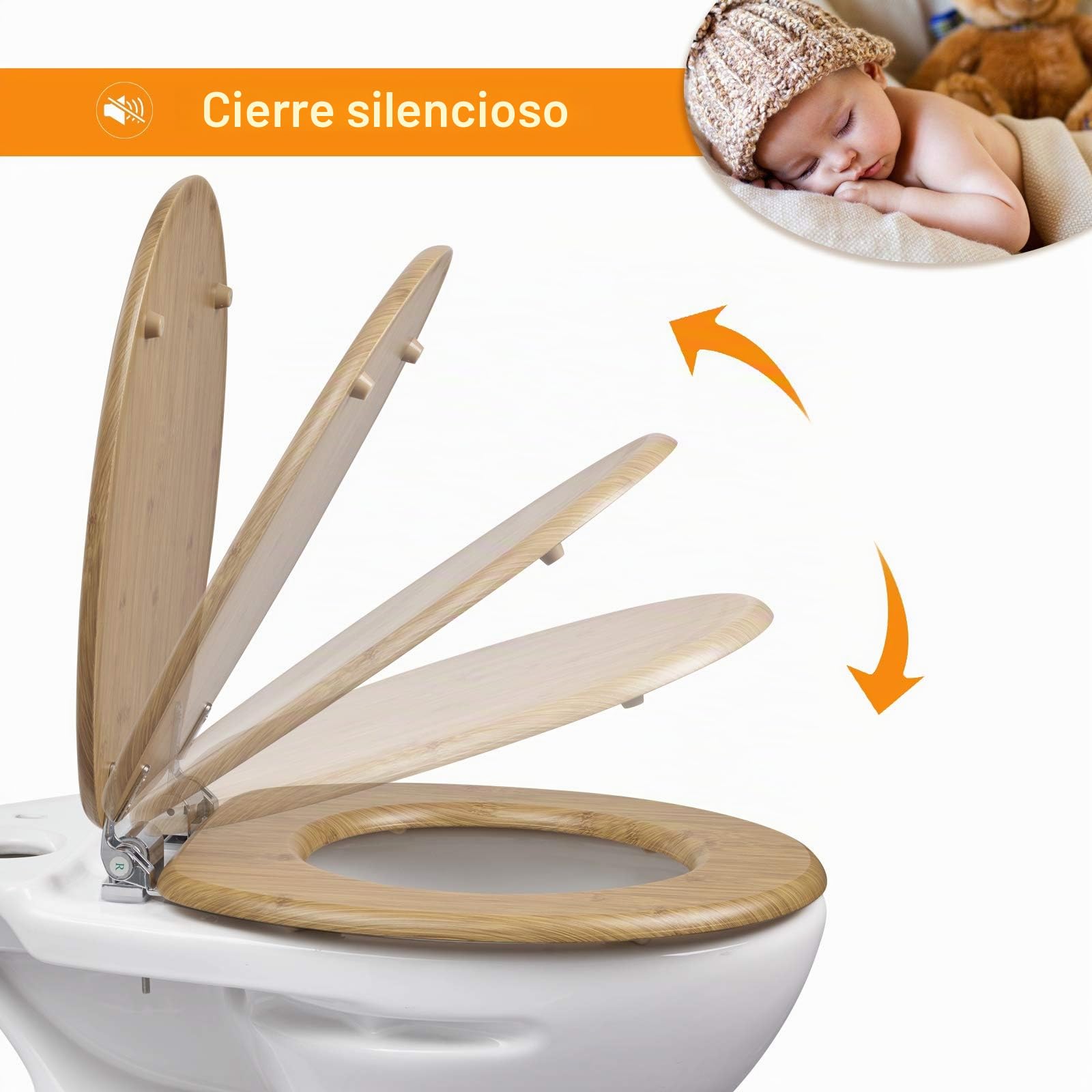 eSituro Asiento de Inodoro, Tapa de Inodoro de Cierre Suave, Bisagras Ajustables, Tapa WC de MDF con Chapa de Madera, con Almohadillas Antideslizantes