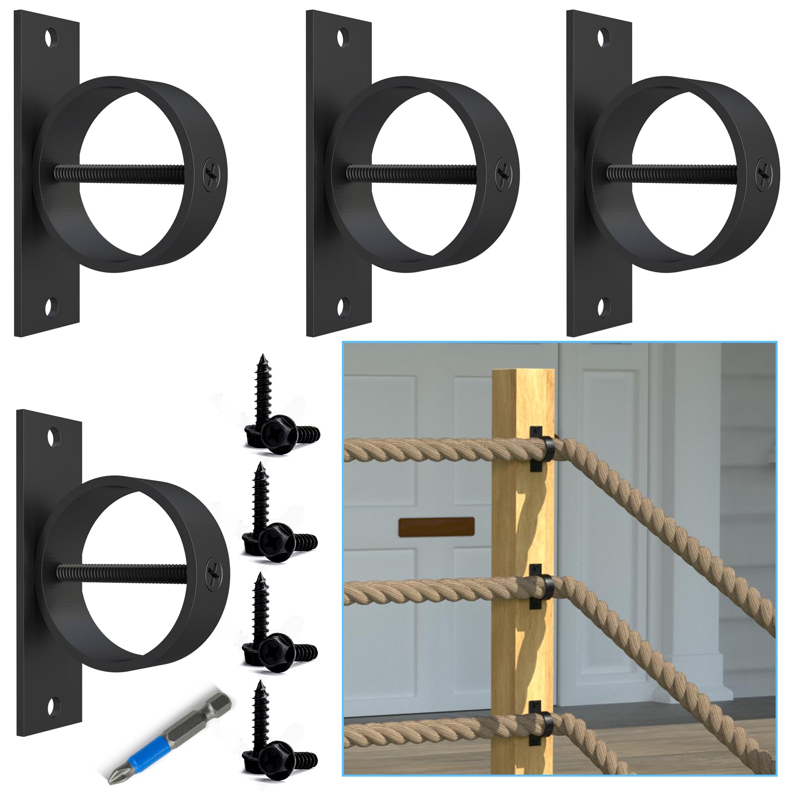 Coliwel 4 Packs 2inch Black Rope Support Holder with Cross Screw Securing Rope Drop Ring Brackets Stainless Steel Decorative for Hemp Rope Fencing