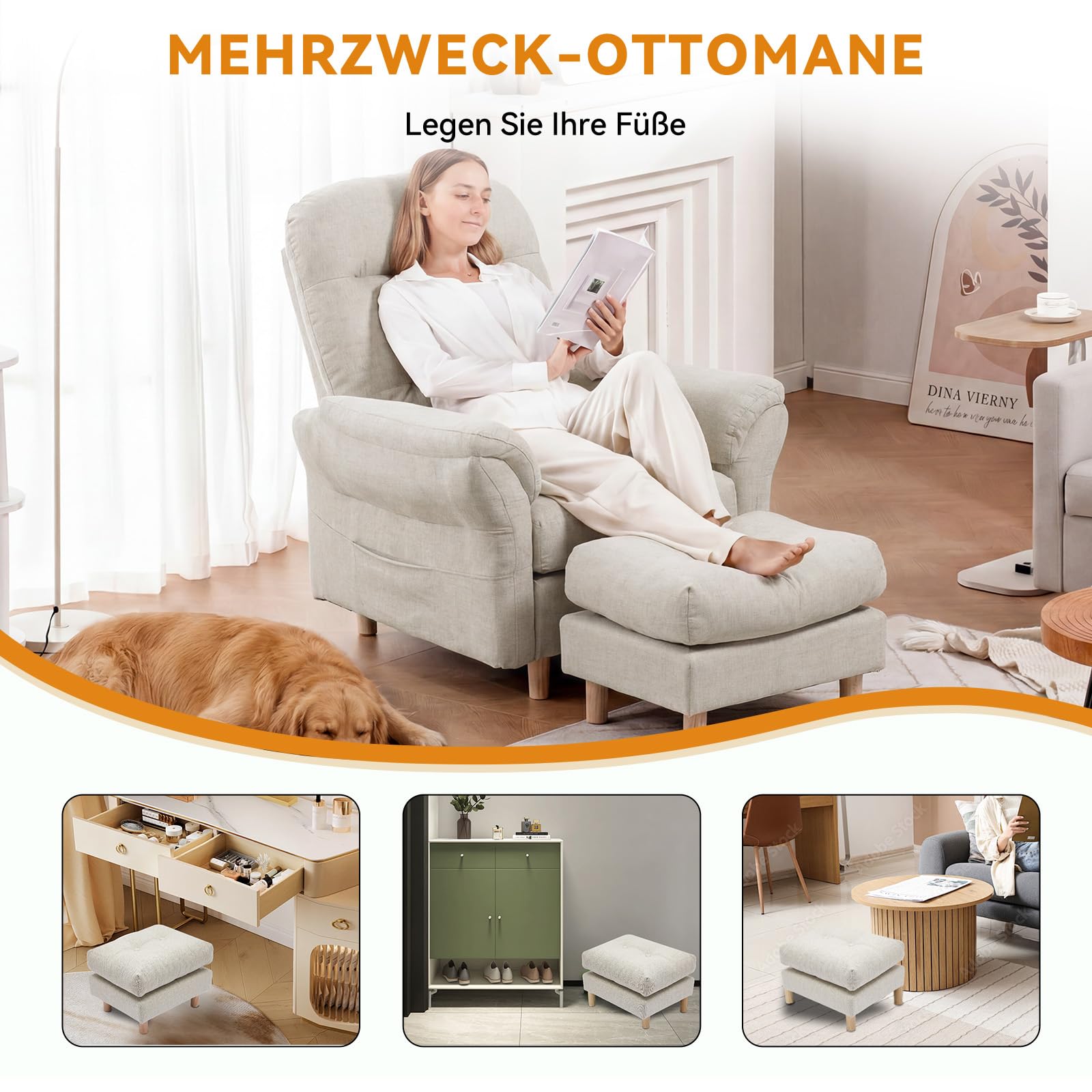 COMHOMA Relaxsessel Fernsehsessel mit Liegefunktion, Liegesessel mit Hocker & 4 Verstellbarer Rückenlehne, Polstersessel Stoff Einzelliegesessel Wohnzimmer Schlafzimmer Heimkino, Chenille, Beige