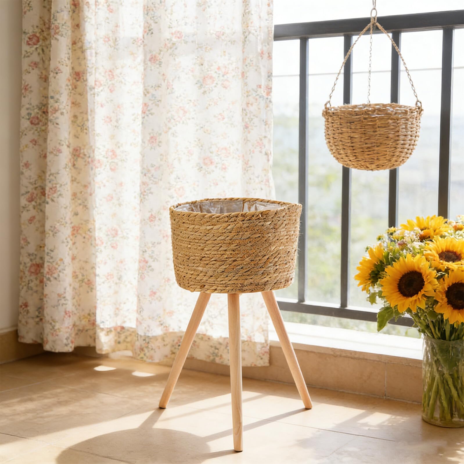 Garneck Panier Osier Plante en Bois Tressé, Panier Jardinière en Bois Design Tissé et Gain de Place, pour Balcon et Jardin