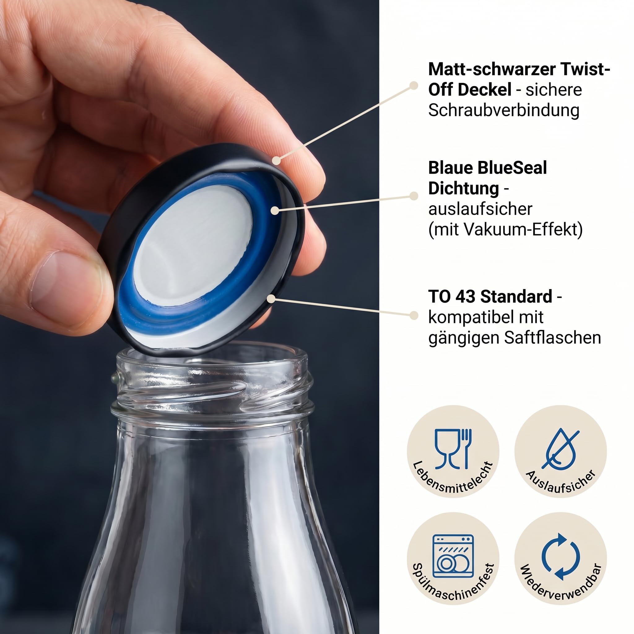 gouveo confezione da 24 bottiglie di succo da 250 ml con tappo a vite, nero opaco BS - bottiglie di vetro da 0,25 l con chiusura TO43 - bottiglie vuote per succhi, frullati e limonata (SF250SZBS)
