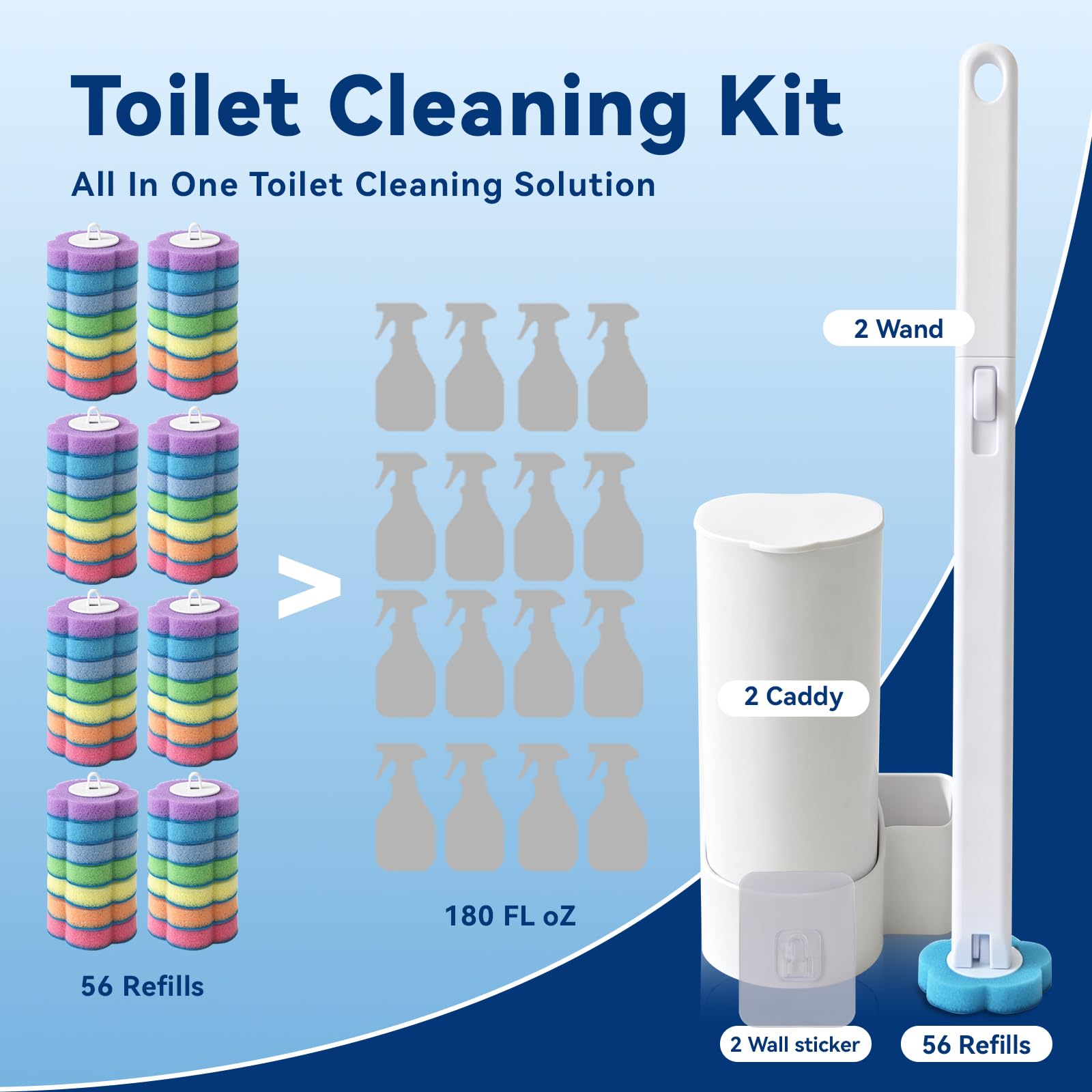 Confezione da 2 scopino per WC usa e getta con 56 ricariche, kit di avviamento per sistema di pulizia WC, set di spazzole salvaspazio da parete per la pulizia profonda del bagno, camper e casa