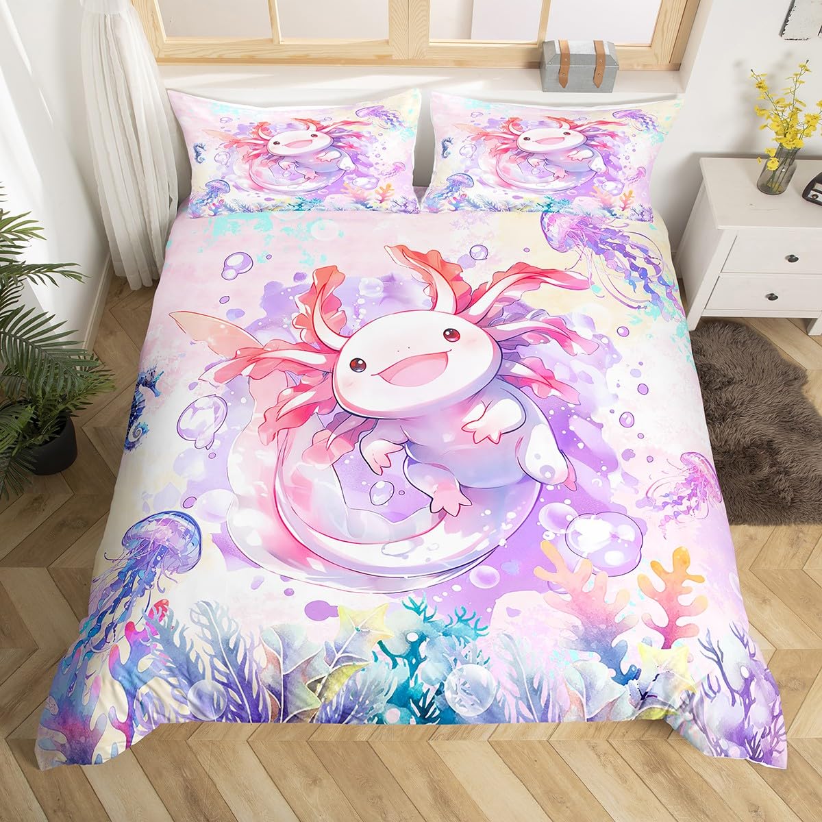 Loussiesd Boys Girls Cute Axolotl Comforter Cover Single Size