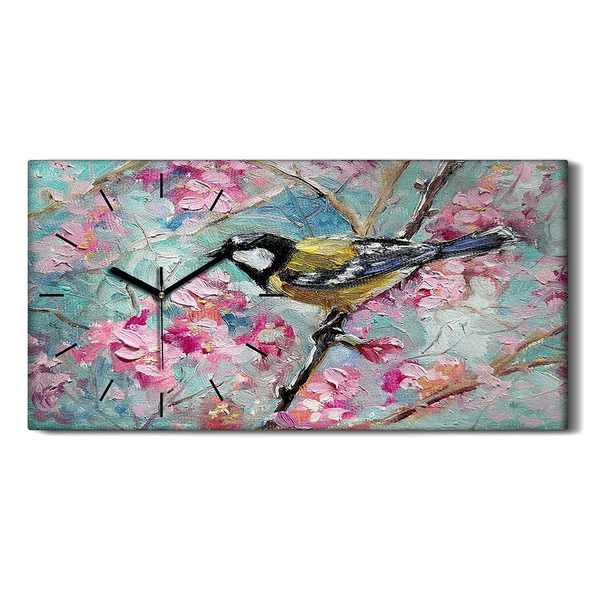 Horloge sur toile oiseau branche fleurs décoration murale moderne salon 60x30