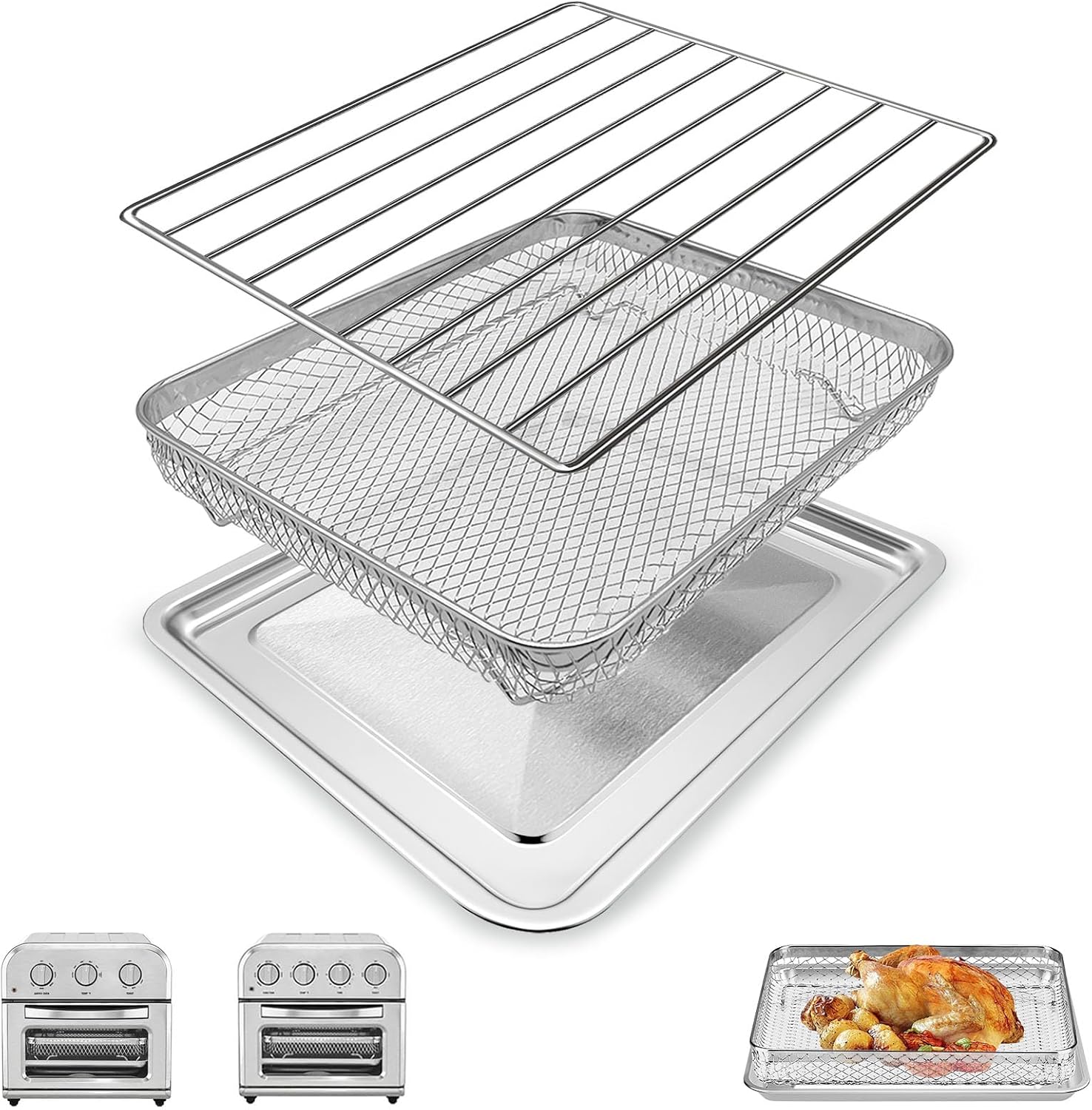 GCQ 3 IN 1 Air Fryer Tray Basket Wire Rack for Cuisinart TOA-26 TOA-28 AFR-25 Compact Air Fryer Toaster Oven,Stainless Steel Oven Rack Baking Pan Basket Air Fryer Accessories,Dishwasher Safes