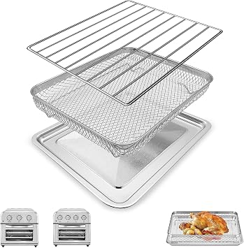 GCQ 3 IN 1 Air Fryer Tray Basket Wire Rack for Cuisinart TOA-26 TOA-28 AFR-25 Compact Air Fryer Toaster Oven,Stainless Steel Oven Rack Baking Pan Basket Air Fryer Accessories,Dishwasher Safes