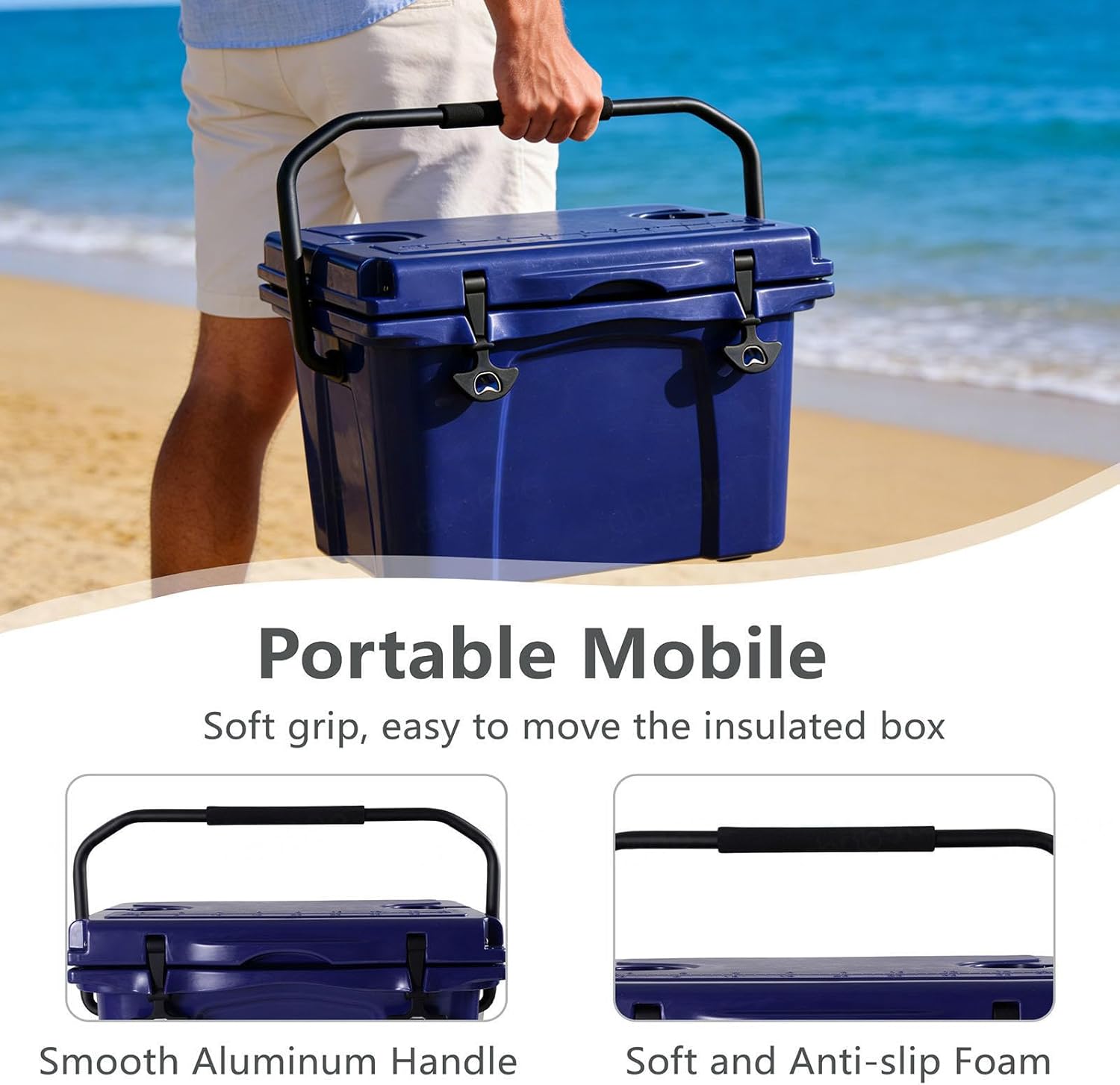 25QT Portable Cooler with Bottle Opener, Cup Holder, Forming Ruler and Portable Handle Outdoor Insulated Cooler Long-Term Insulation, for Camping, Fishing and Everyday Use