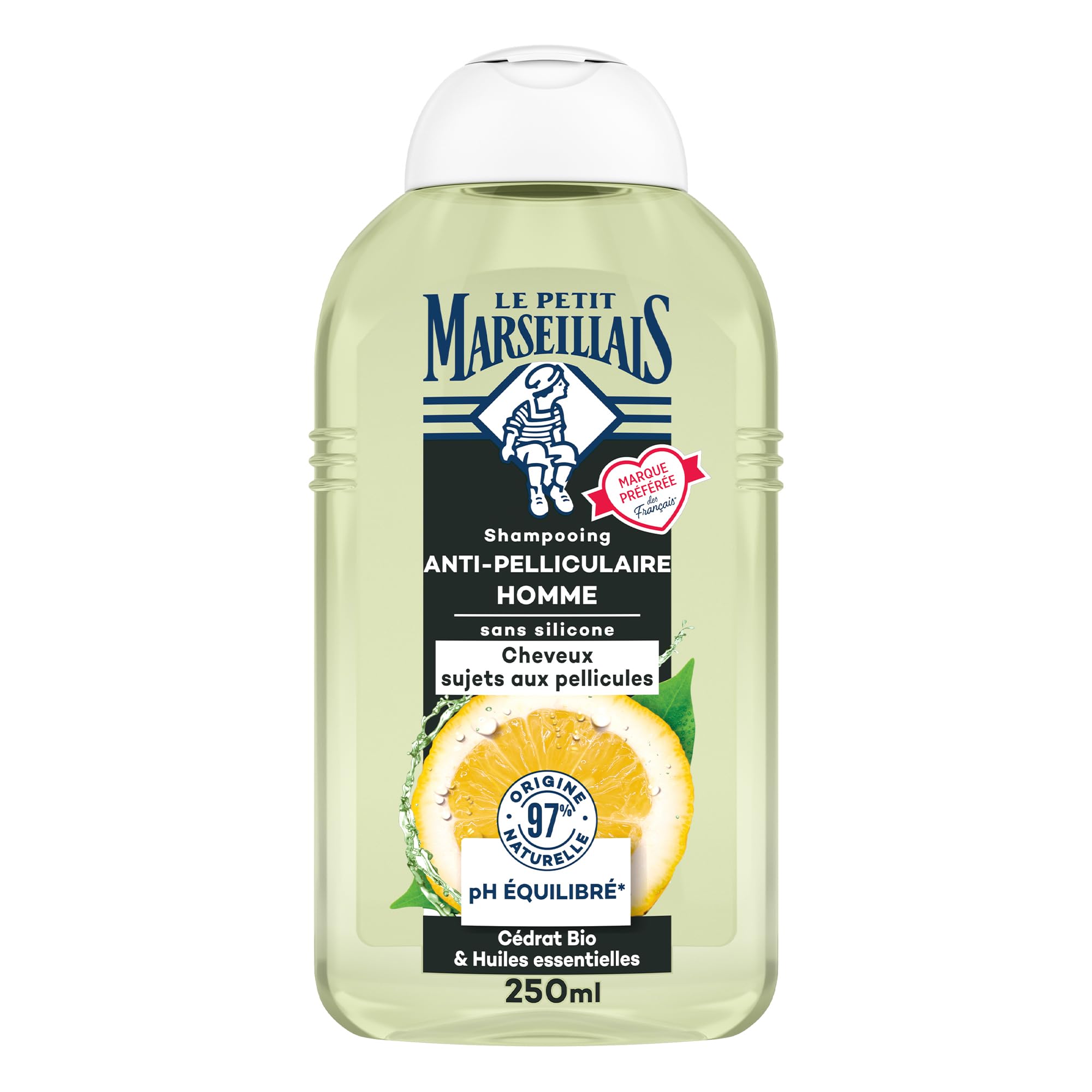 Le Petit Marseillais – Shampooing Anti-​Pelliculaire Homme Cédrat Bio & Huiles Essentielles (flacon de 250 ml) – Shampoing sans silicone pour cheveux sujets aux pellicules