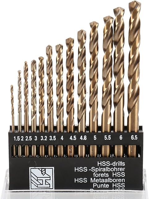 13Pack HSS Twist Drill Bit Set Metric M35 Cobalt Steel High Speed Steel Titanium Coated Drill Bit Tool Extremely Heat Resistant with Straight Shank 1.5mm-6.5mm for Drilling Tool Wood, Metal & Plastic