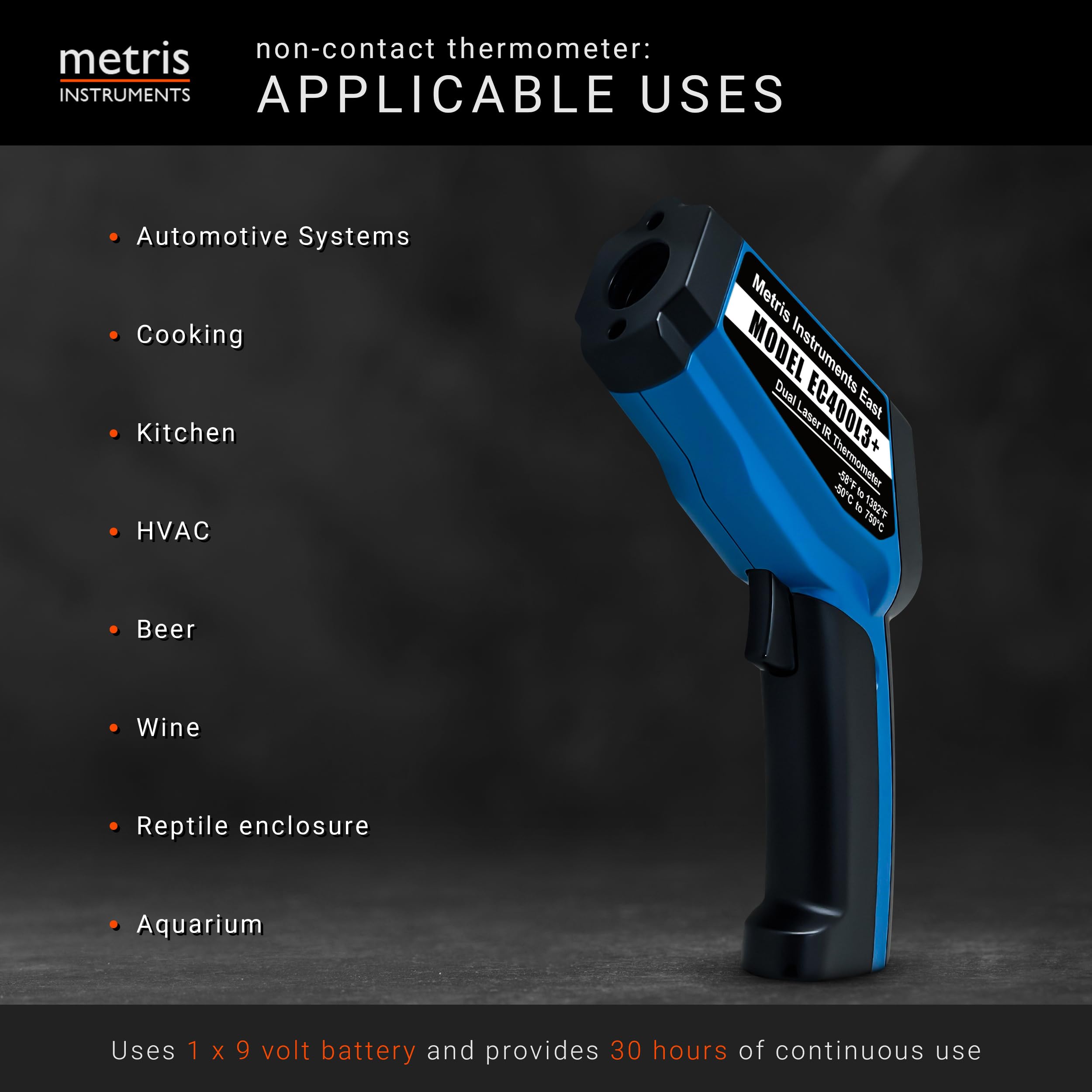 Pistola de termómetro infrarrojo digital para HVAC, industrial, automotriz, MRO; -58 a 750.0 °C (-50 a 750 °C) relación D: S 24:1 (en aproximadamente 24 pulgadas - área de prueba de