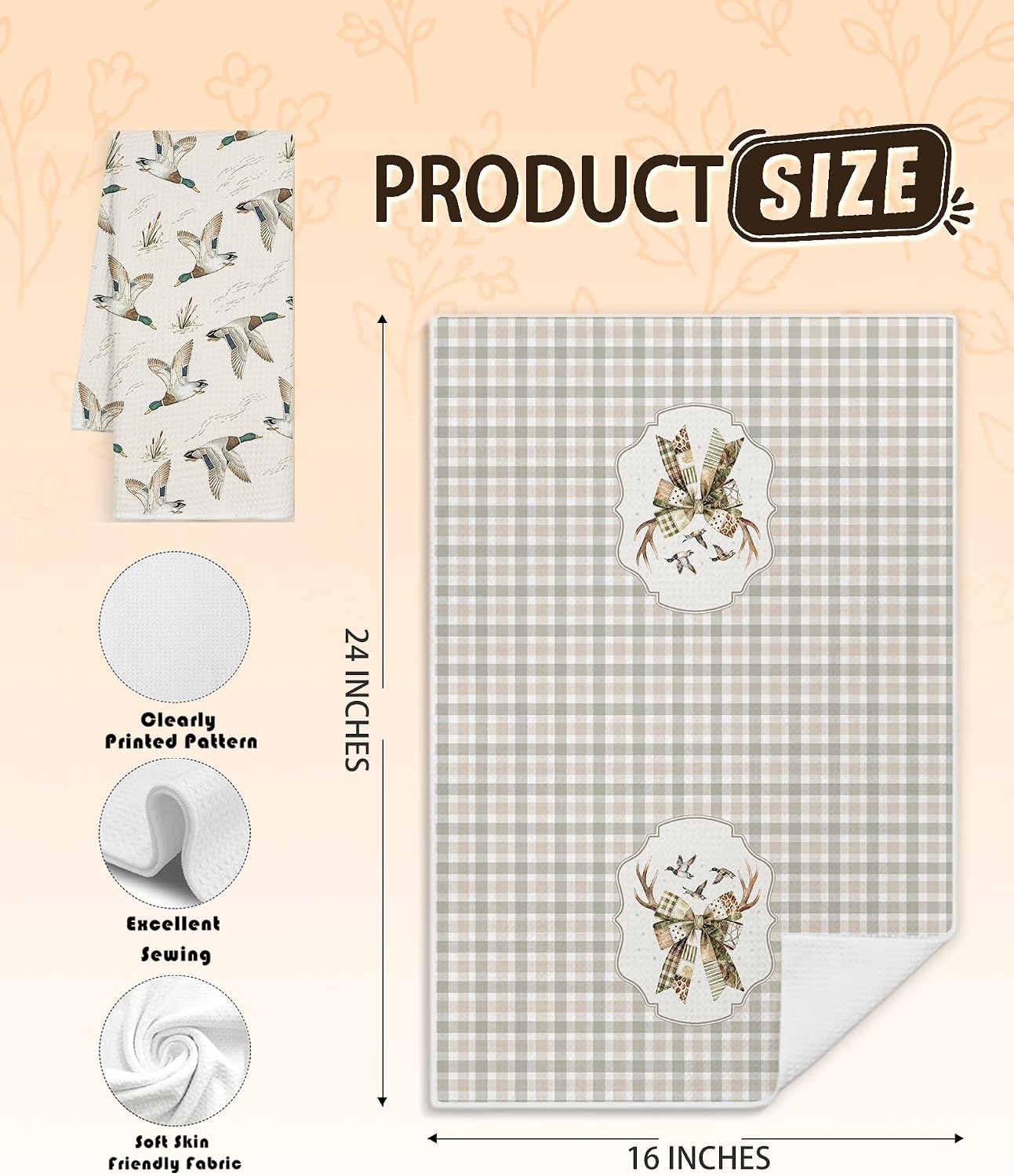 Hunter Gift Kitchen Towels,Farmhouse Mallard Duck Decor,2 Pack | Mallard duck kitchen towels with rustic gingham,antlers and bow decor for farmhouse,hunters and duck lovers 16x24 Inch