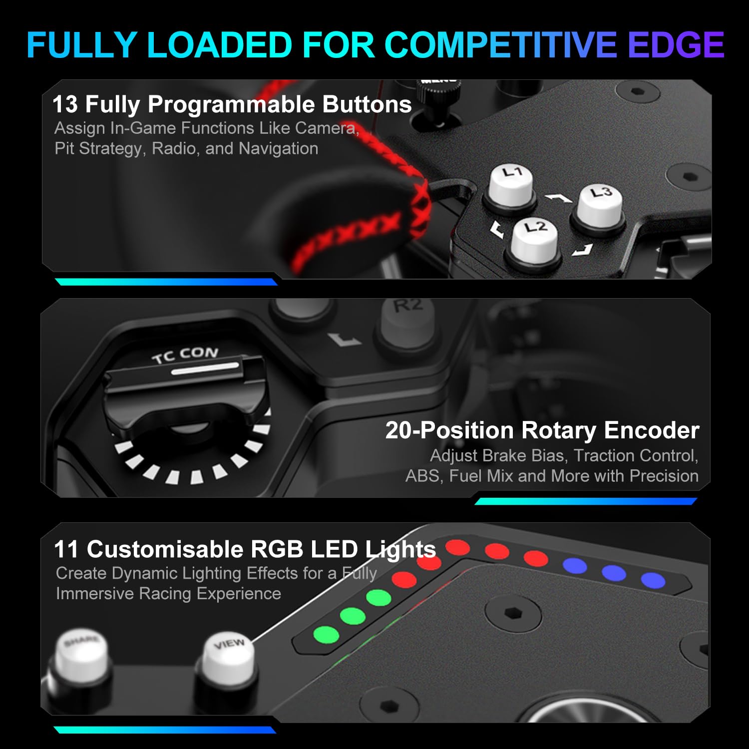 PXN W DS R2 Volante da Corsa – Compatibile con basi Direct Drive VD6 e VD10 – Rilascio rapido, 4 palette, indicatore RGB, pelle in microfibra – 30 cm corona piatta
