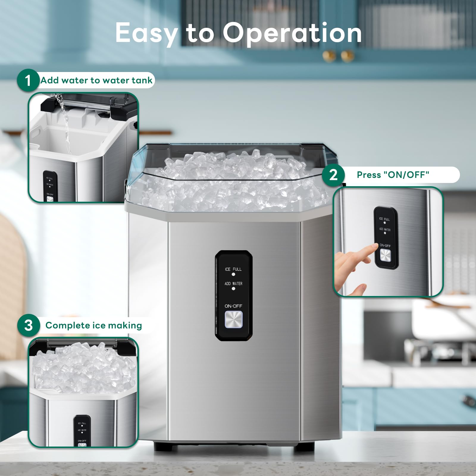Zafro Nugget Ice Maker Machine, Stainless Steel, Portable Ice Maker With Handle,Slef-Cleaning, 35.5lbs/24h, 7mins Ice Making,With Ice Basket/Ice Scoop/Handle/User Manual, Silver on Fridge.com - View 2