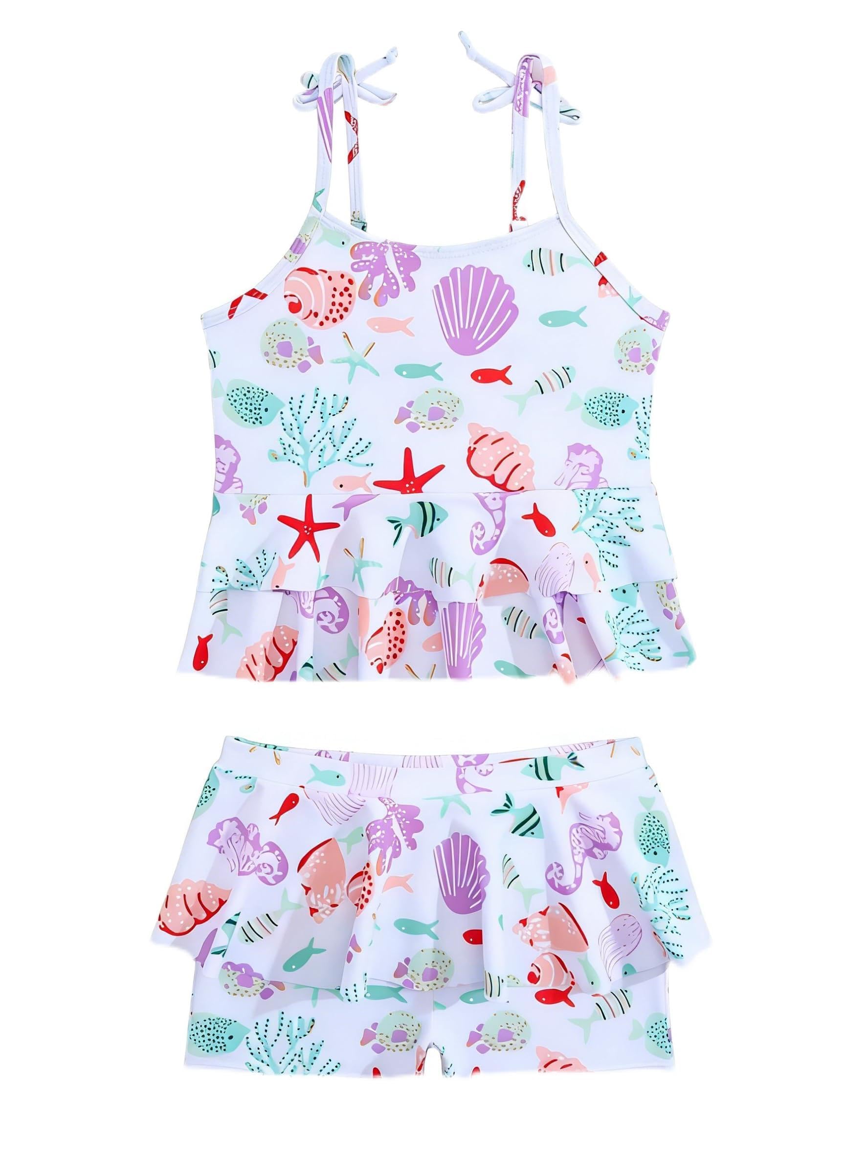 DivingBirds Traje de baño para niñas, traje de baño de dos piezas con pantalones cortos, protección solar UV, dobladillo con volantes, traje de baño de 2 a 6 años