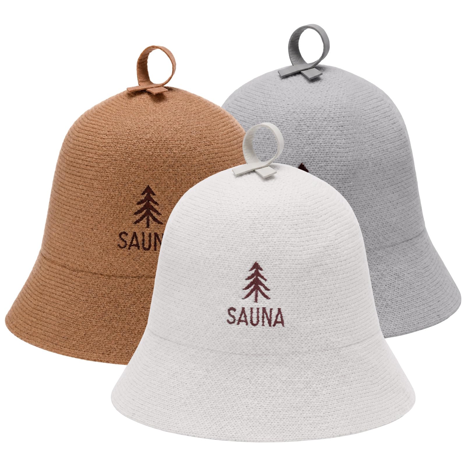 Cuffbow 3 Pack Sauna Hat with Hanging Loop Polished Wool Hat for Infrared Traditional Box Sauna Protects from Overheating Hair Damage Bath House Accessories