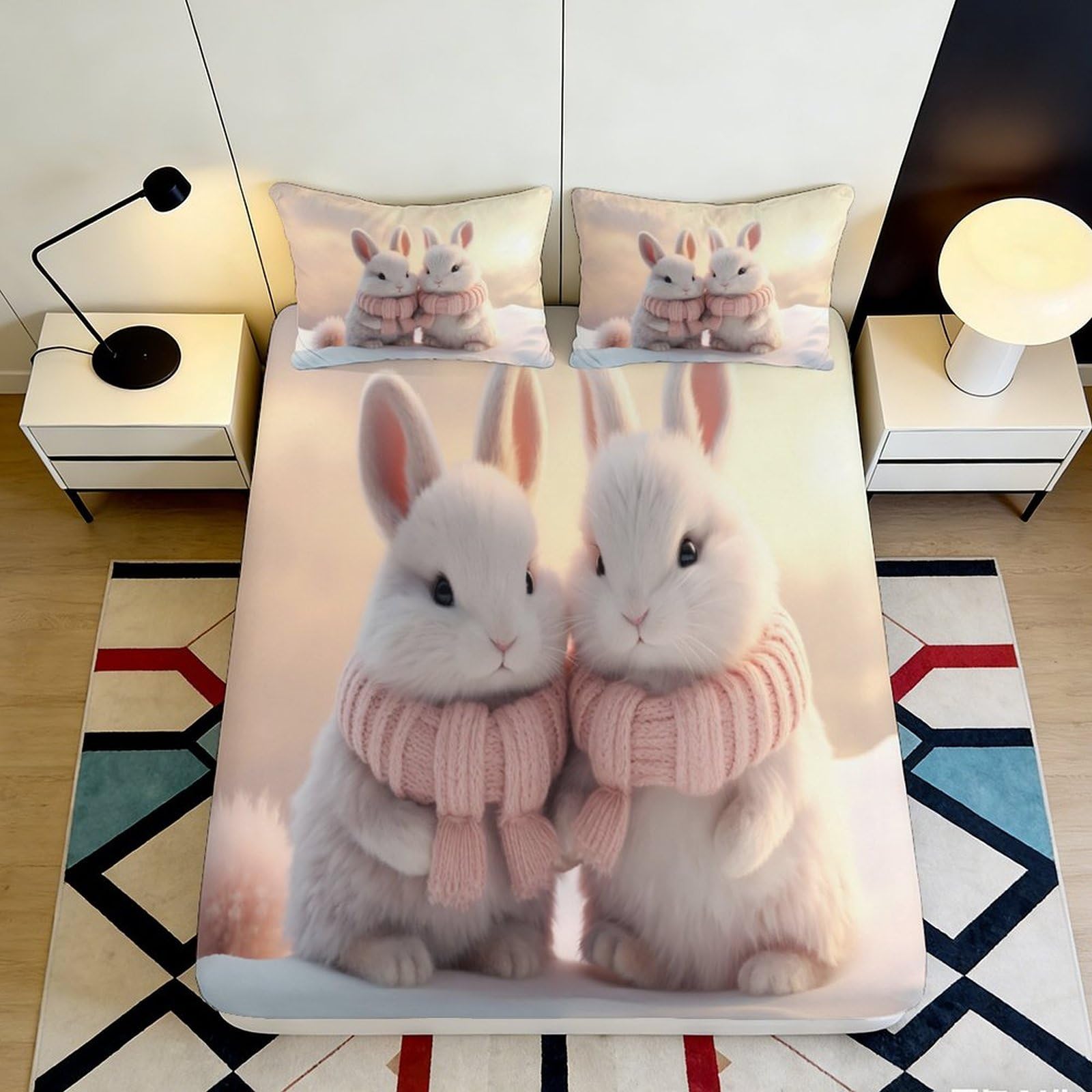 3D Printed Cute Bunny Fitted Sheet Microfiber Deep Pocket Non-Slip Bedding Rabbits Mattress Fitted Cover Elastic Hem Washable 140x200x25cm