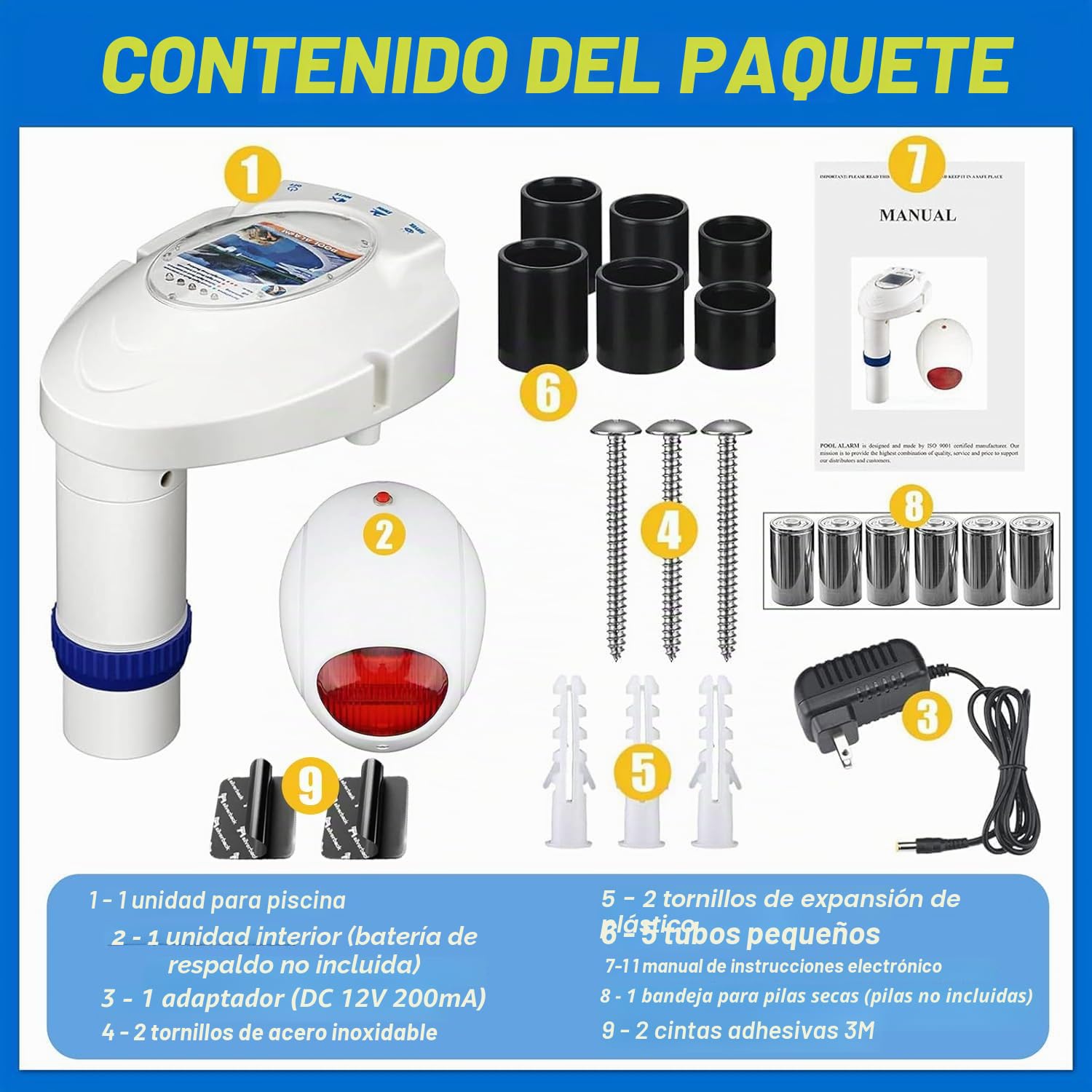 Alarma de Piscina con Receptor Remoto, Sistema de Monitor de ahogamiento subacuático de Piscina, alarmas Junto a la Piscina alimentadas por Pilas para Piscinas enterradas y sobre el Suelo, Protector