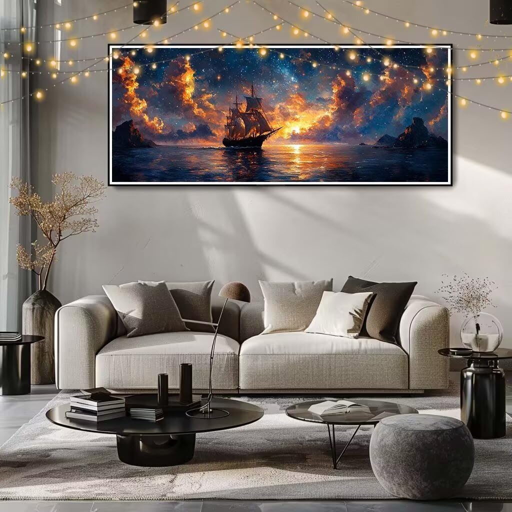 Malarstwo diamentowe 5D "zrób to sam" dla dzieci, mała żaglówka, gwiaździste niebo, obraz diamentowy 50 x 125 cm, tworzenie mozaiki według liczb, zestaw do malowania krzyżykowego, obraz dla dorosłych
