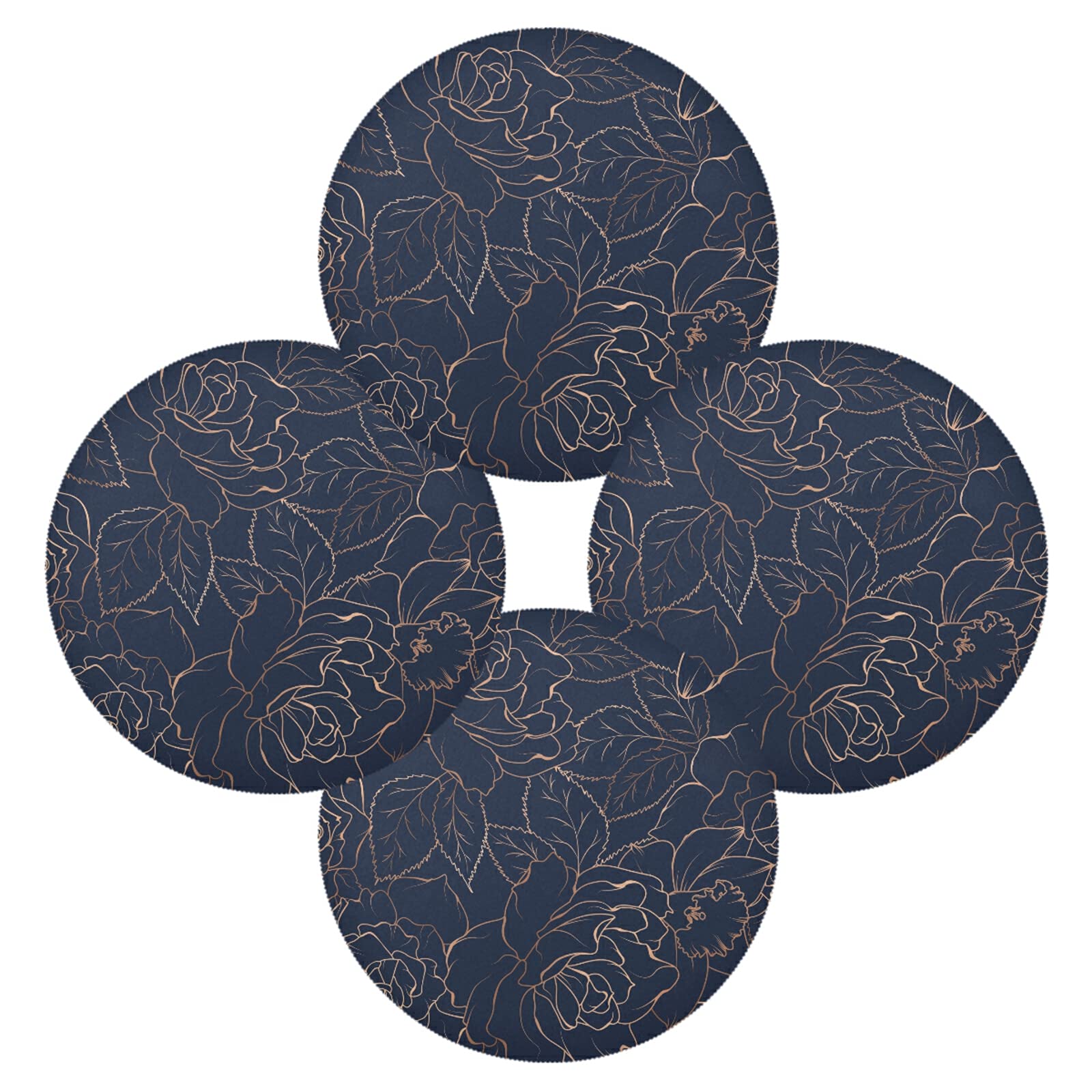 Poeticcity Multi 19 Copper-Gold Shiny Outline Rose Peony Flowers Leaves On Dark Navy Blue Set Of 6 Table Placemat, Non-Slip Place Mats Protector Washable Plate Mat Holder, 15.4 Inches Round Desk Pad For Kitchen Dining