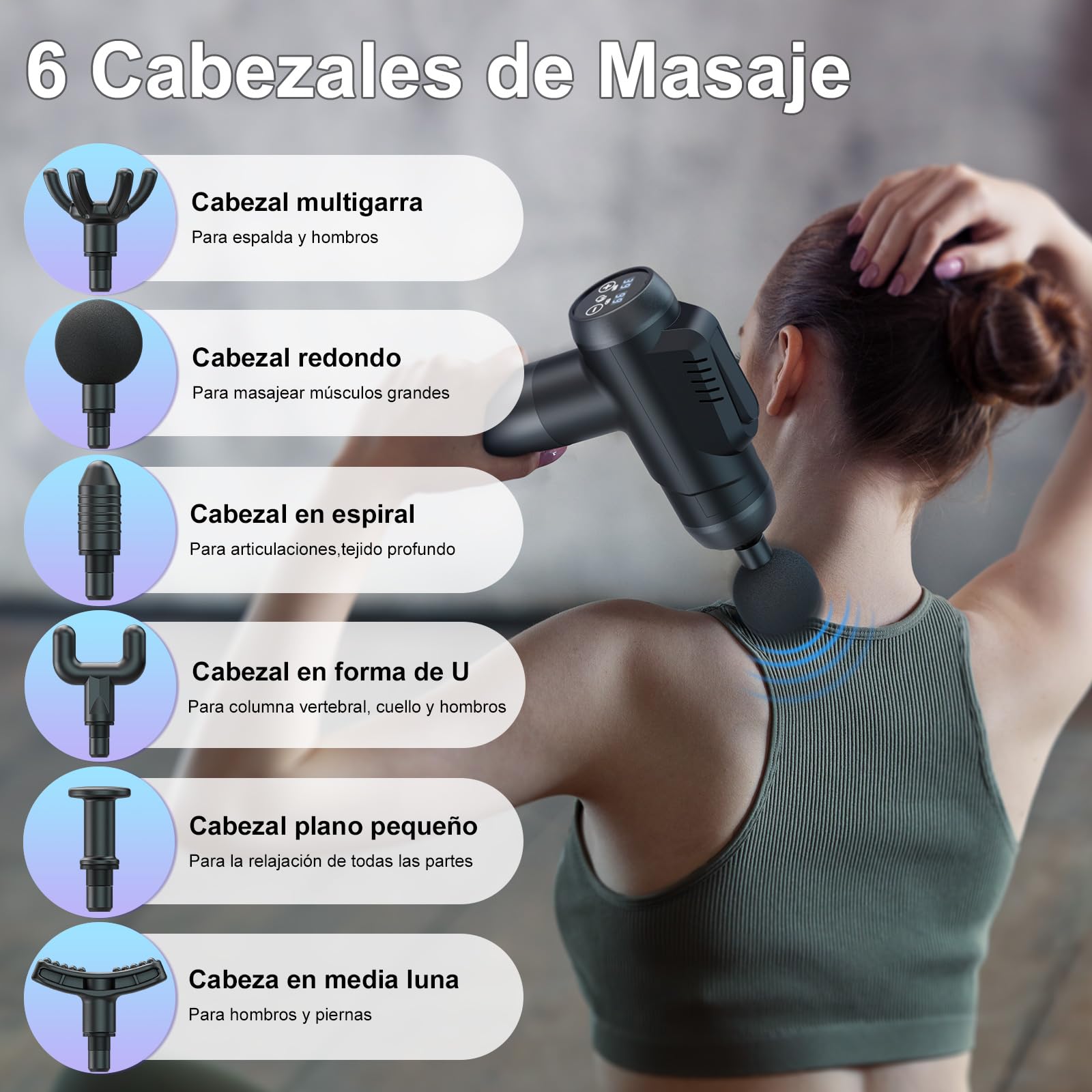 Pistola de Masaje Muscular Profesional, 99 Niveles, 6 Cabezales, Pantalla LCD, Carga Tipo-C