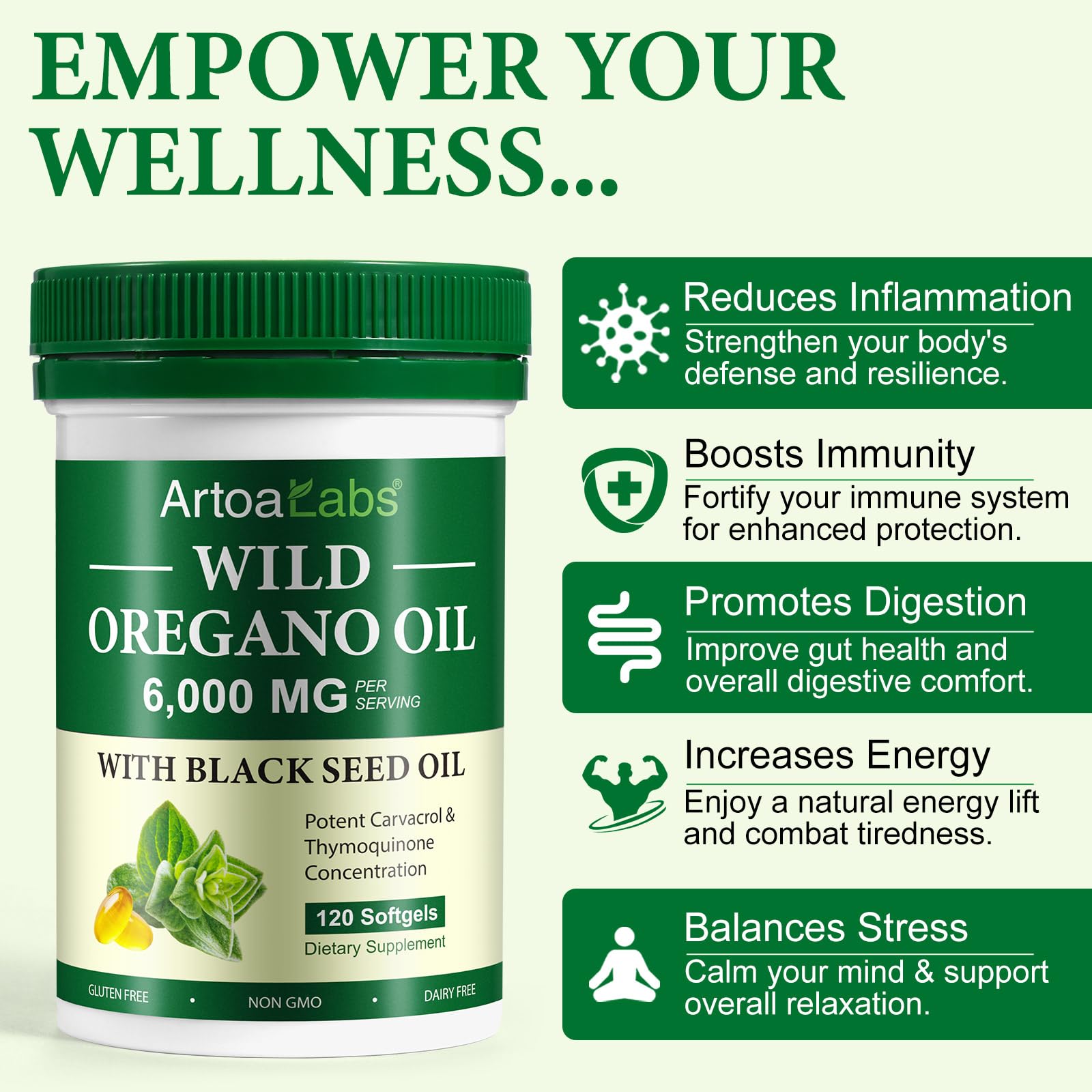 Capsule di olio di origano di Olio di semi neri, 2 in 1 6000 mg olio di origano con 200 mg di olio di semi neri con 165 mg di carvacrolo