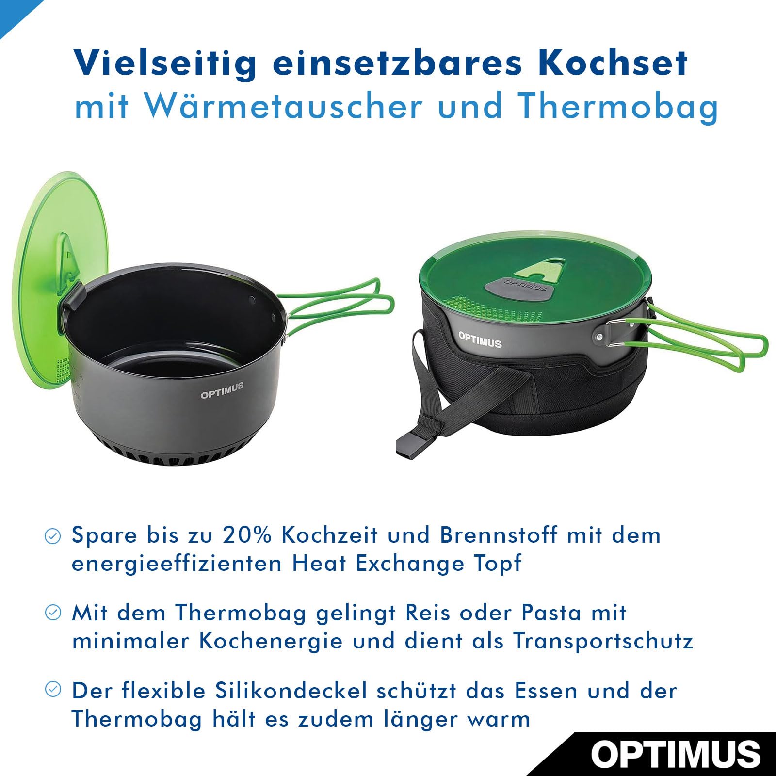 Optimus Terra Camp 4 Kochset – 7-teiliges Outdoor-Kochgeschirr mit Wärmetauscher, Thermobag & Antihaftbeschichtung | Für 2–4 Personen | 1160 g | Ø 233 × 136 mm