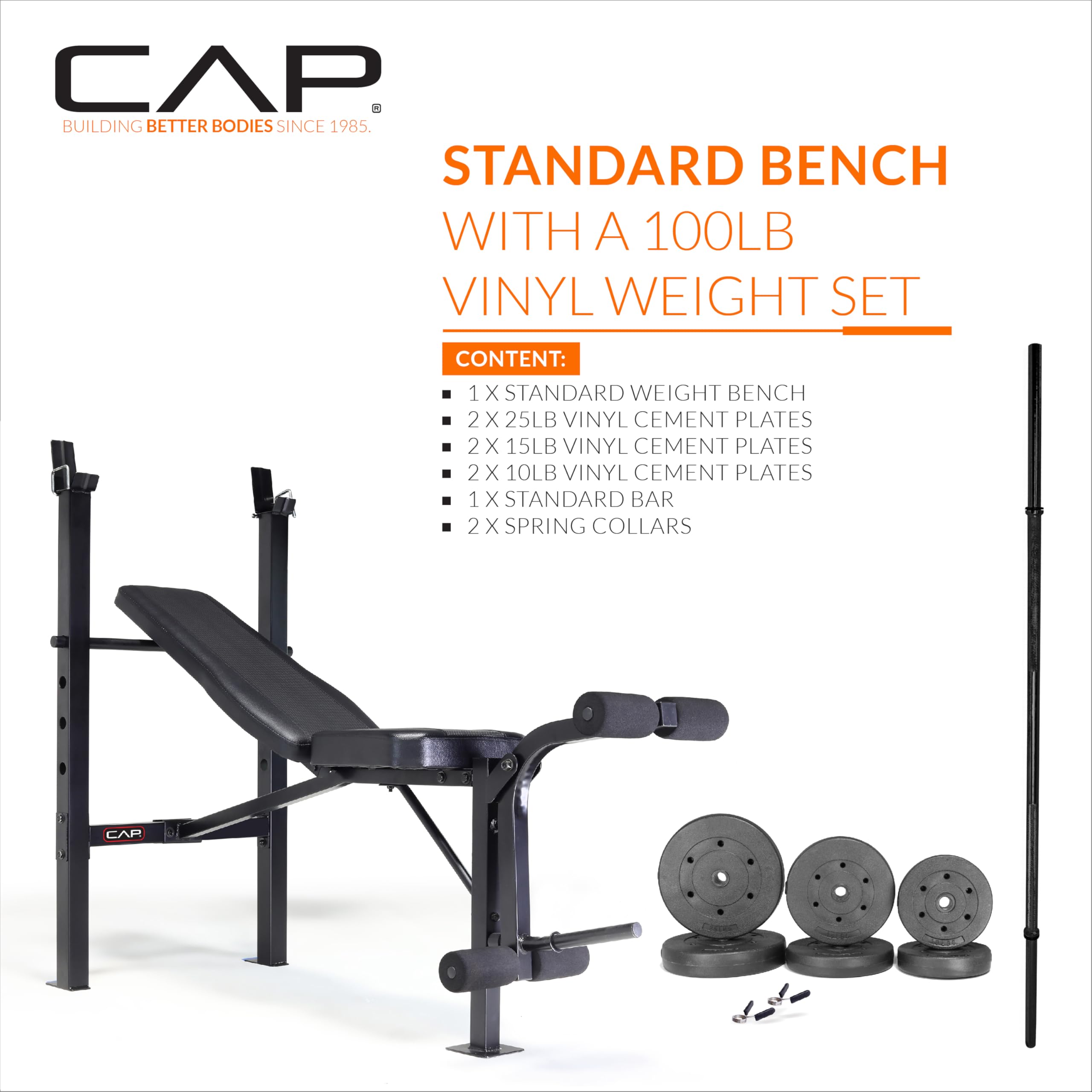 Standard Weight Bench with Leg Developer and a 100 LB Vinyl Weight Set – Adjustable Backrest, Barbell, and Cement Plates for Home Gym