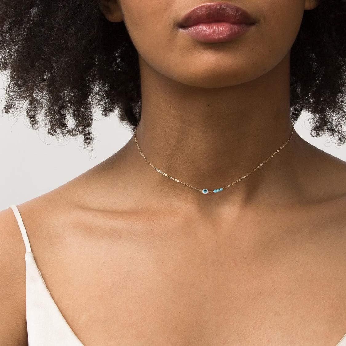 MEVECCO Dainty Evil Eye Protection Necklace,14K Gold Plated Cute Delicate Handmade Tiny Bead Necklace for Women - Image 4