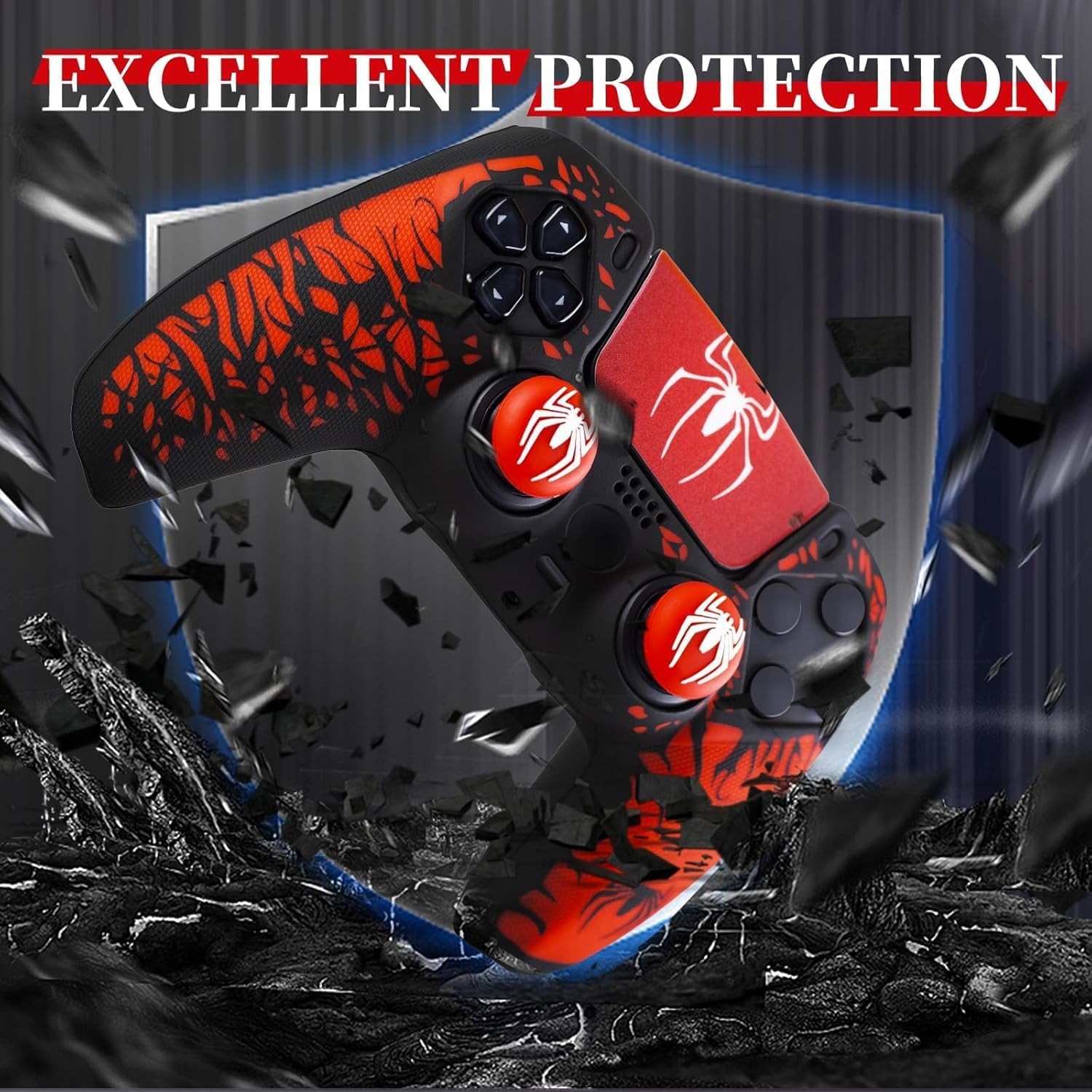 Non-Slip Silicone Cover for PS5 Controller with Thumbstick Caps x 2 & Sticker x 1(Spider Theme)