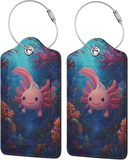 Cute Axolotl and Colorful Coral Reef Luggage Tags with Stainless Loop Privacy Cover ID Funny Cute Unique Pattern 1