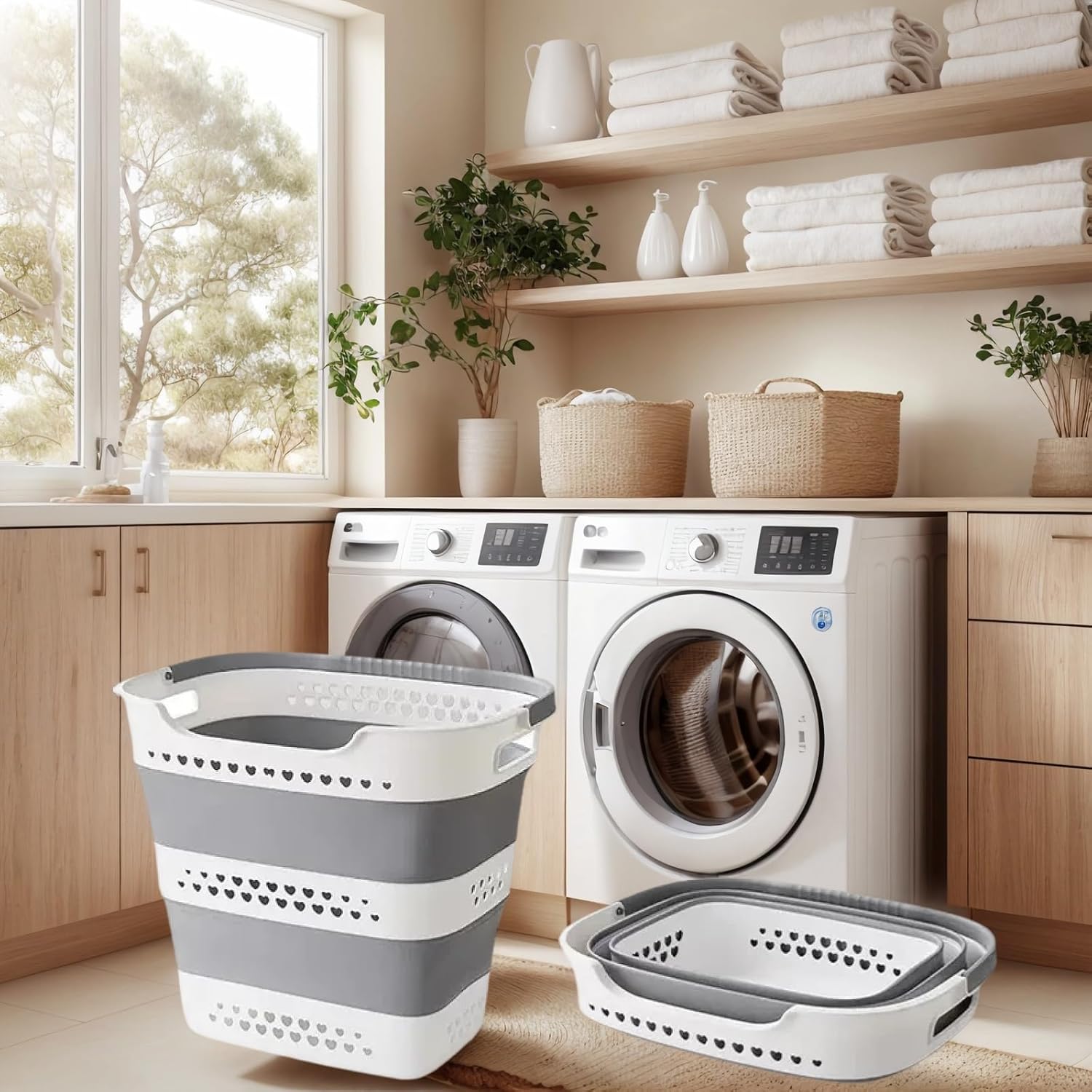 Collapsible Laundry Basket with Handles, Foldable Pop Up Laundry Hamper/Storage Container, Portable Clothes Basket with Holes, Space Saving Plastic Laundry Baskets for Bathroom, Dorm (Grey)