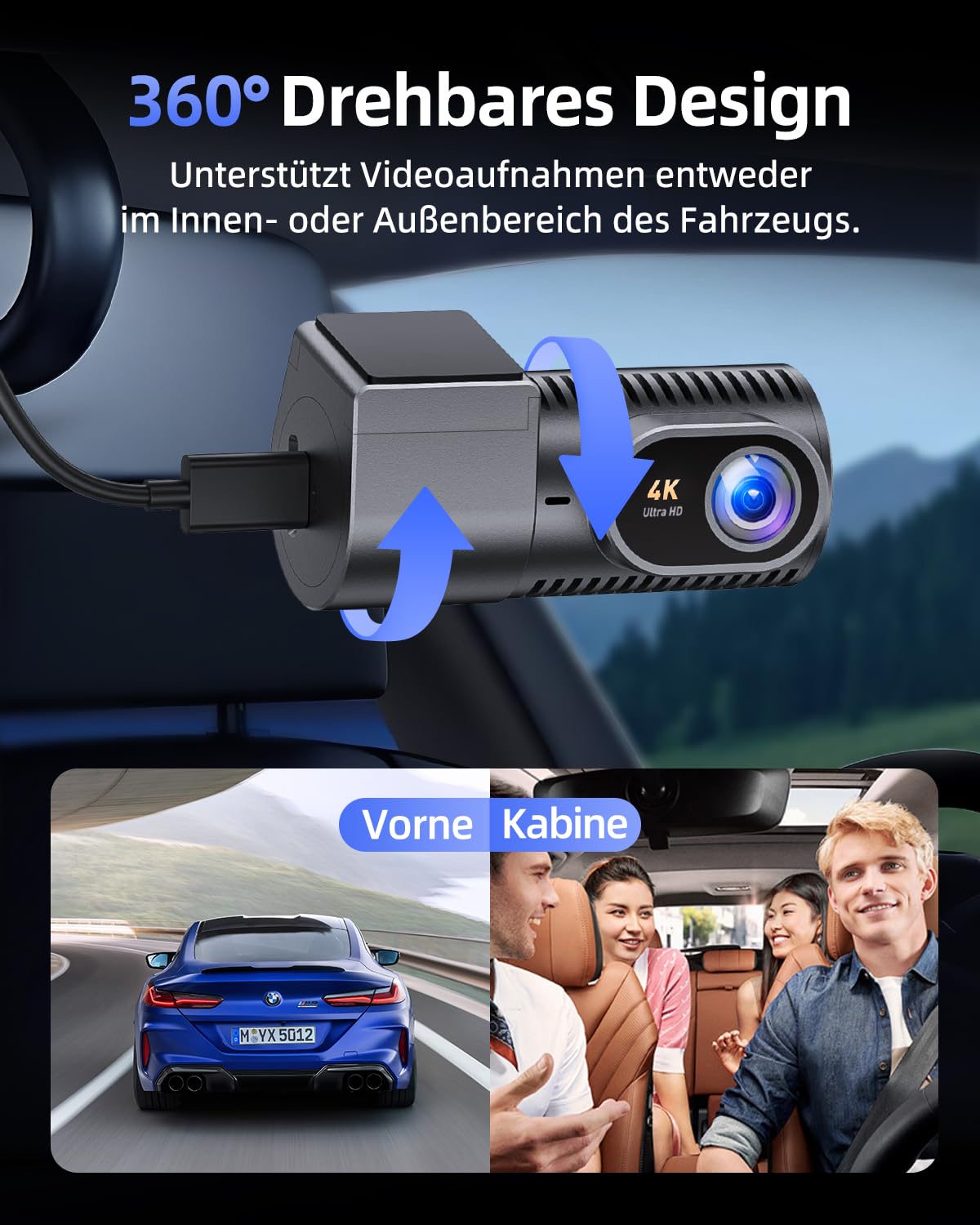 Dashcam Auto Vorne 4K, 1,5" IPS Display, 5G WiFi, 360° Drehbar, WDR Nachtsicht, 24/7 Parküberwachung, G-Sensor, 170° Weitwinkel