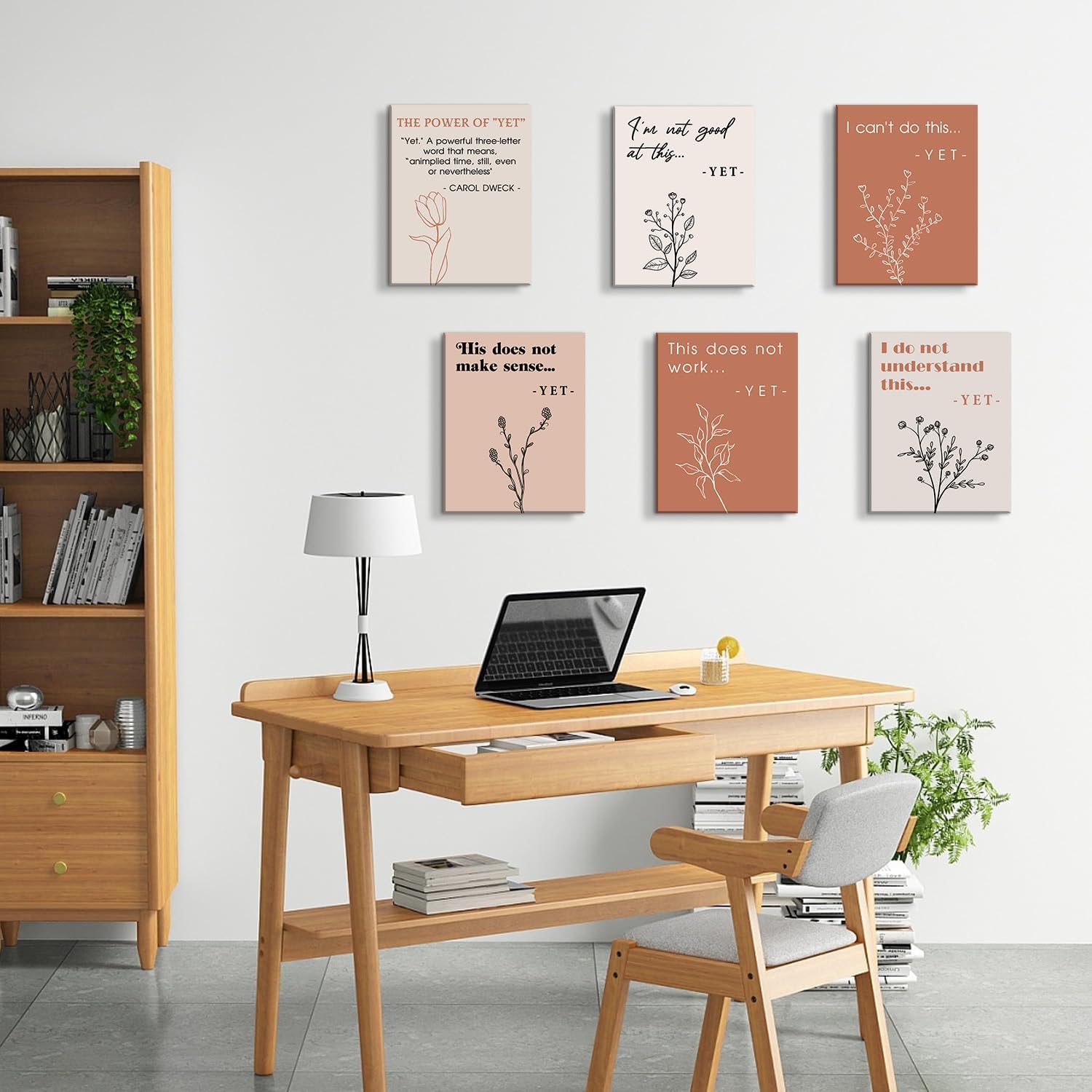 HPNIUB Boho Growth Mindset Classroom Wall Art, Set Of 6 Piece (12x16inch,Framed) Rustic The Power of Yet Motivational Quote Mental Health Wall Decor, Positive Affirmations Poster for Office Bedroom