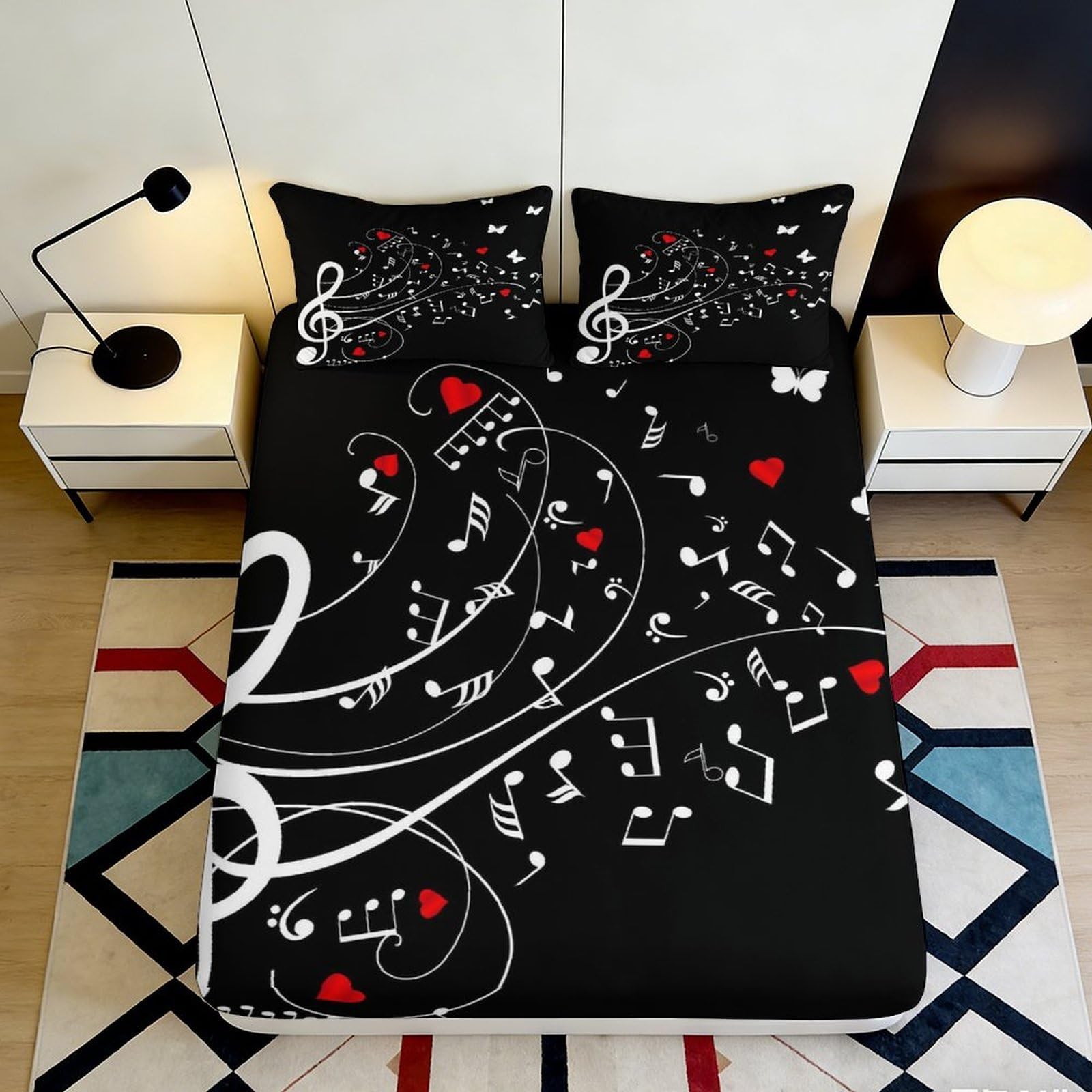 3D Printed Musical Notes Fitted Sheet Microfiber Black Red Heart Butterfly Bed Cover for Bedroom Dorm Mattress Protection Decor 160x200x25cm