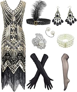 Women's 1920s V Neck Beaded Fringed Gatsby Theme Flapper Dress with Accessories Set